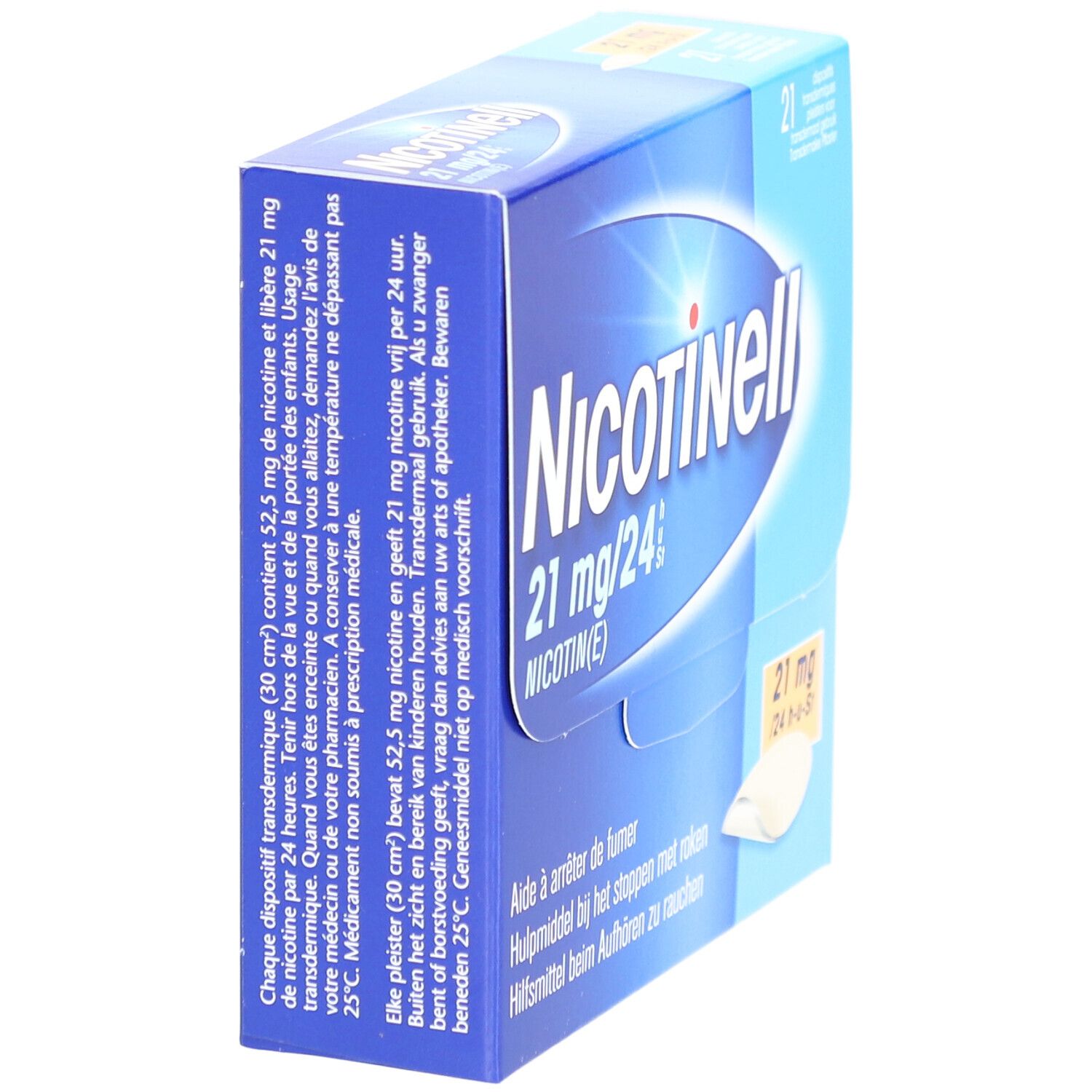Blauwe doos Nicotinell 21mg/24h. Bevat 21 pleisters. Tekst: 52,5 mg nicotine per pleister. Buiten bereik van kinderen houden.