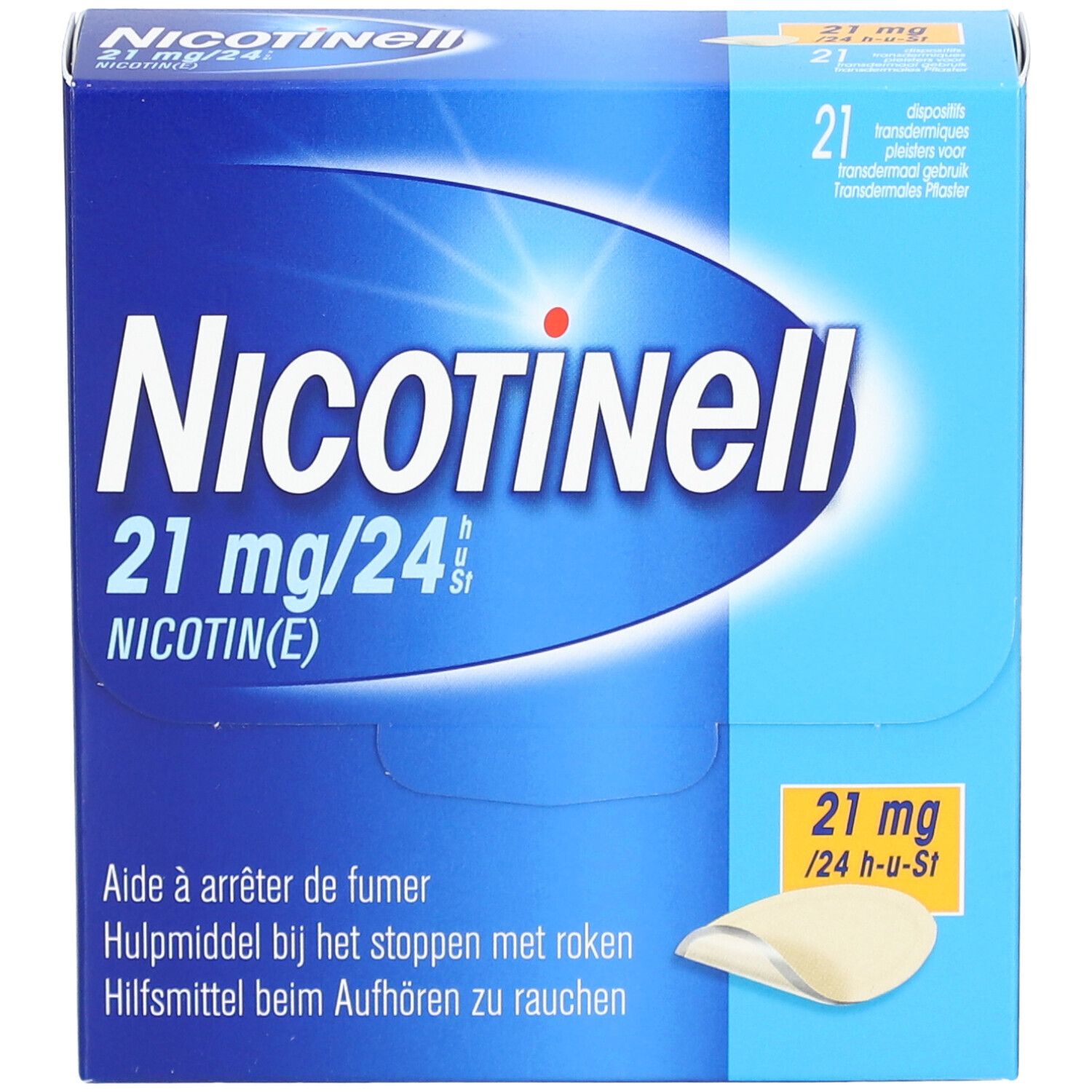Blauwe doos Nicotinell 21mg/24h. Bevat 21 pleisters. Opschrift: Hulpmiddel bij het stoppen met roken.