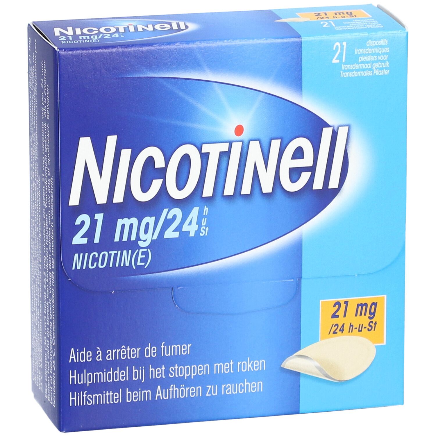 Blauwe doos Nicotinell 21mg/24h. Bevat 21 pleisters. Opschrift: Hulpmiddel bij het stoppen met roken.