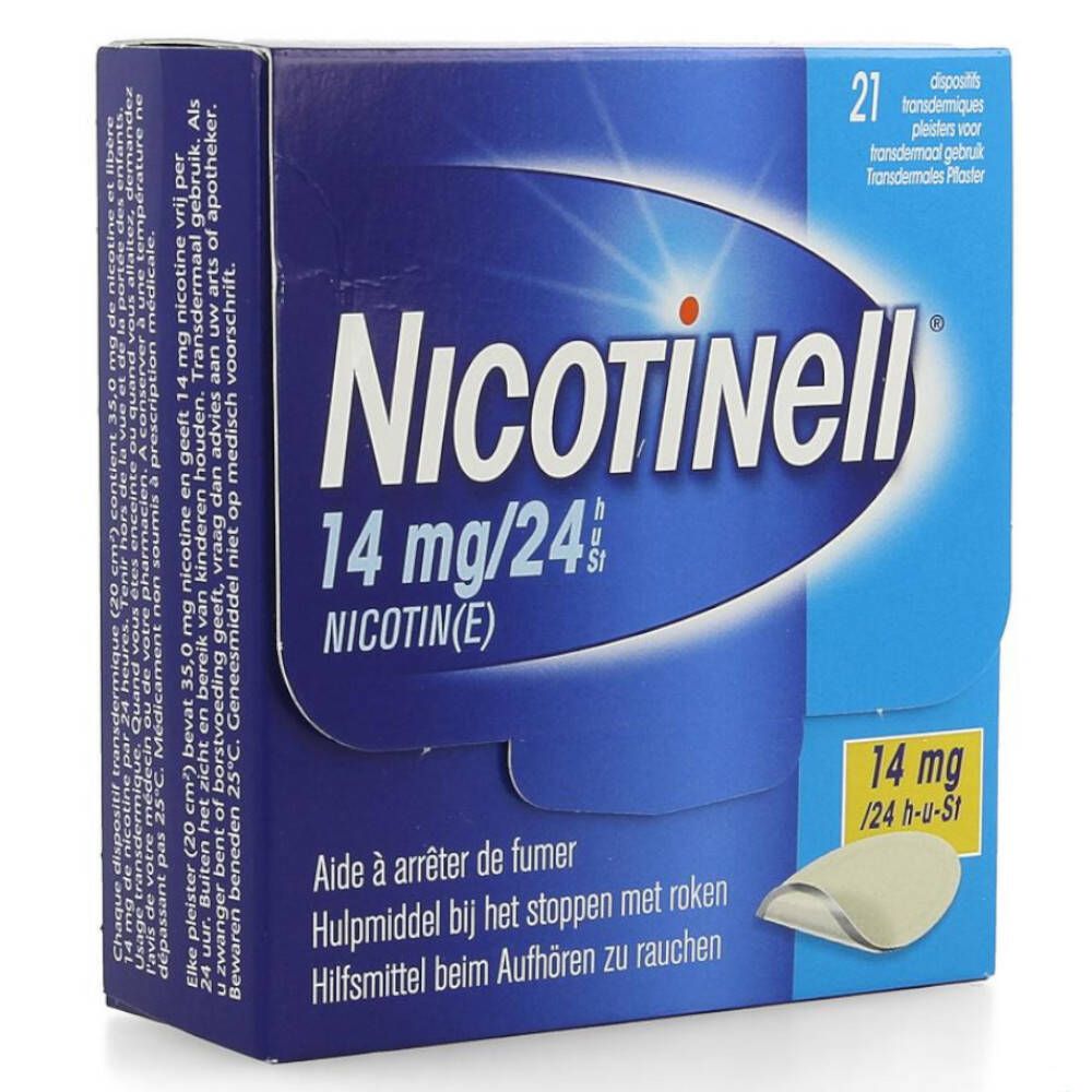 Blauwe en witte doos met productopdruk. Bevat 21 transdermale pleisters. Opdruk: Nicotinell 14 mg/24 h.