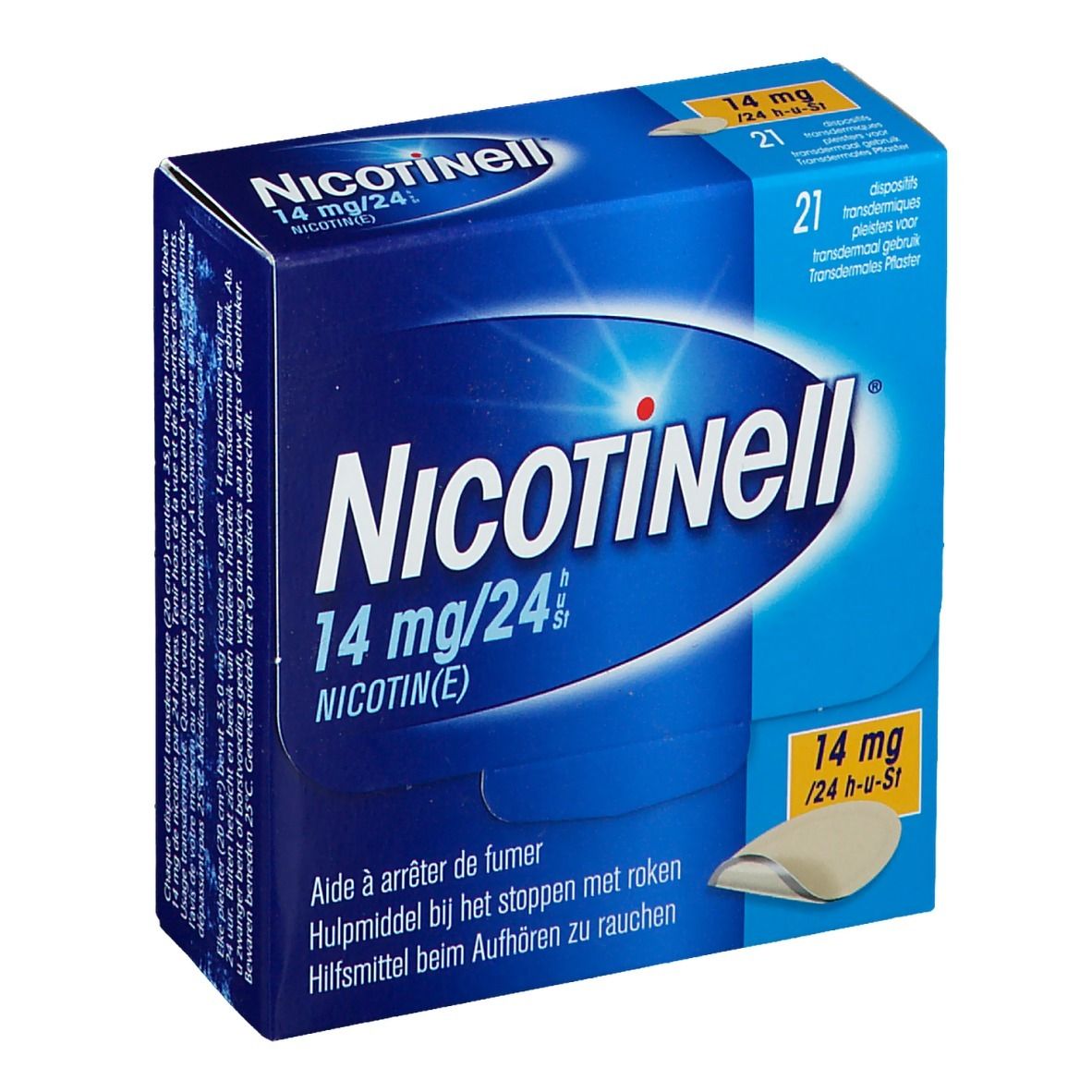 Blauwe doos met productopdruk. Bevat 21 transdermale pleisters. Opdruk: Nicotinell 14 mg/24 h.