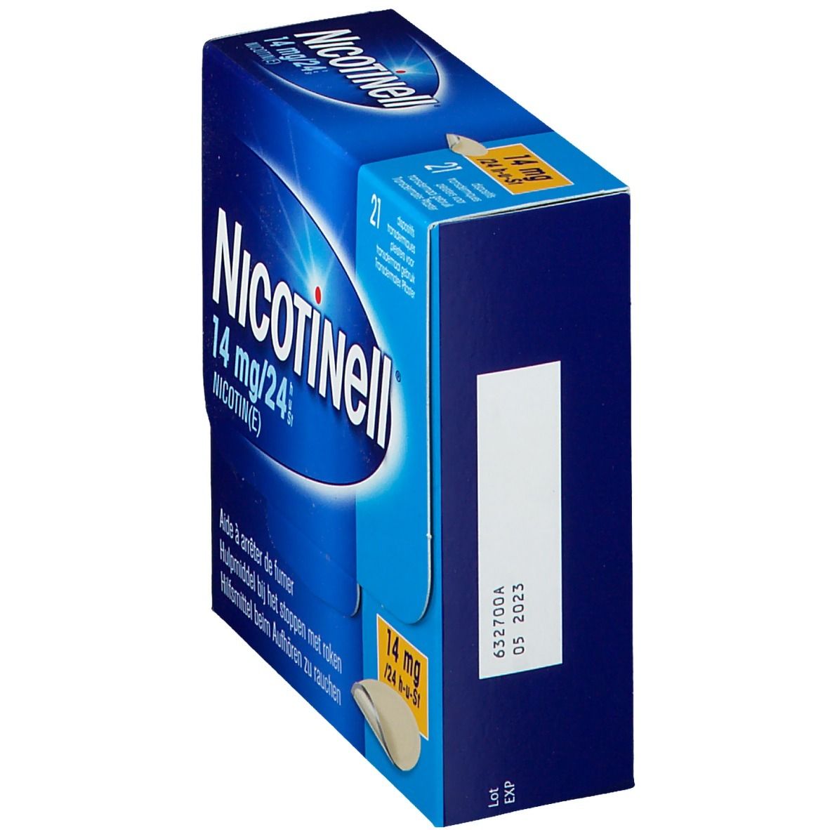 Blauwe doos met productopdruk. Bevat 21 transdermale pleisters. Opdruk: Nicotinell 14 mg/24 h.