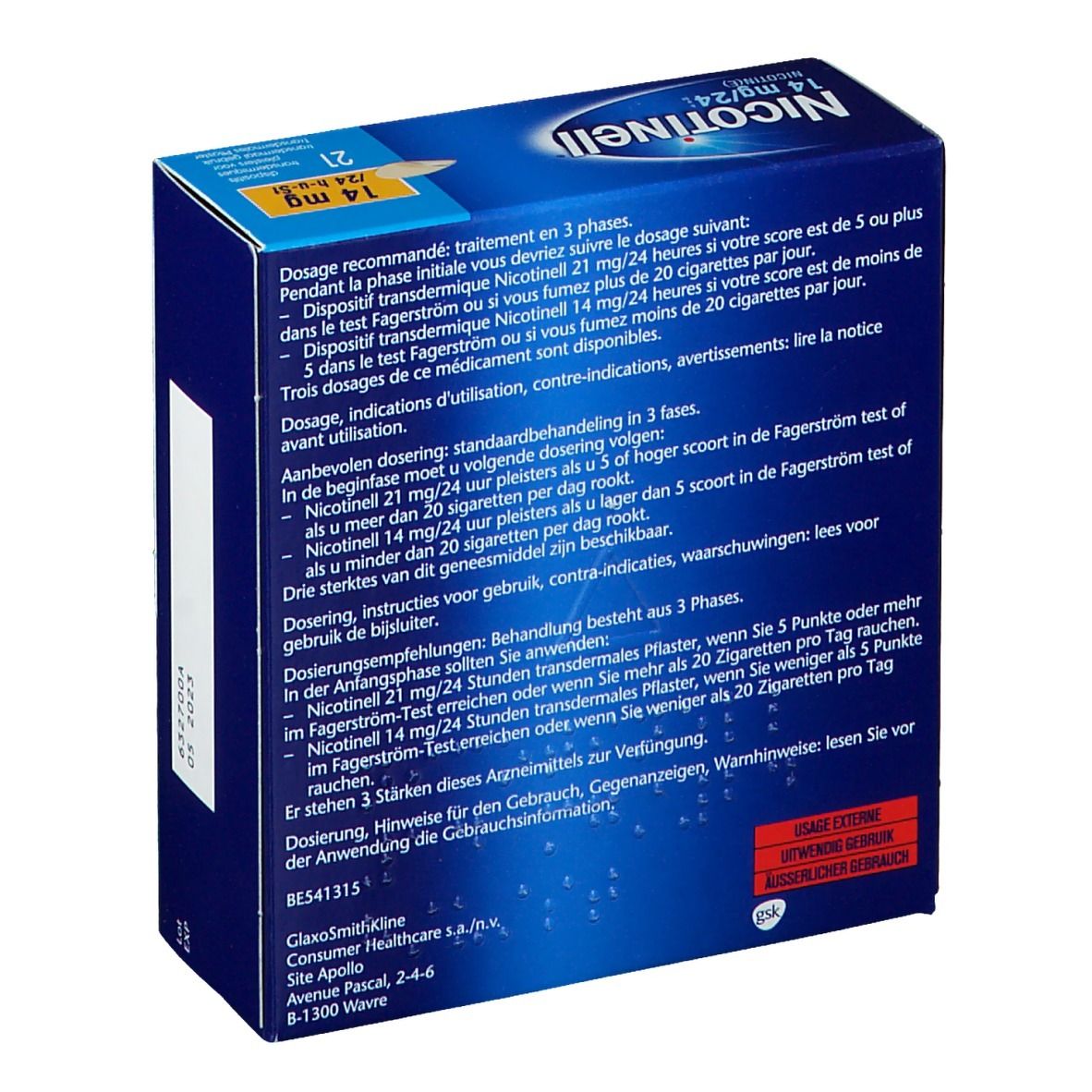 Blauwe doos met productopdruk. Bevat 21 transdermale pleisters. Opdruk: Nicotinell 14 mg/24 h. Op de zijkant: vervaldatum.