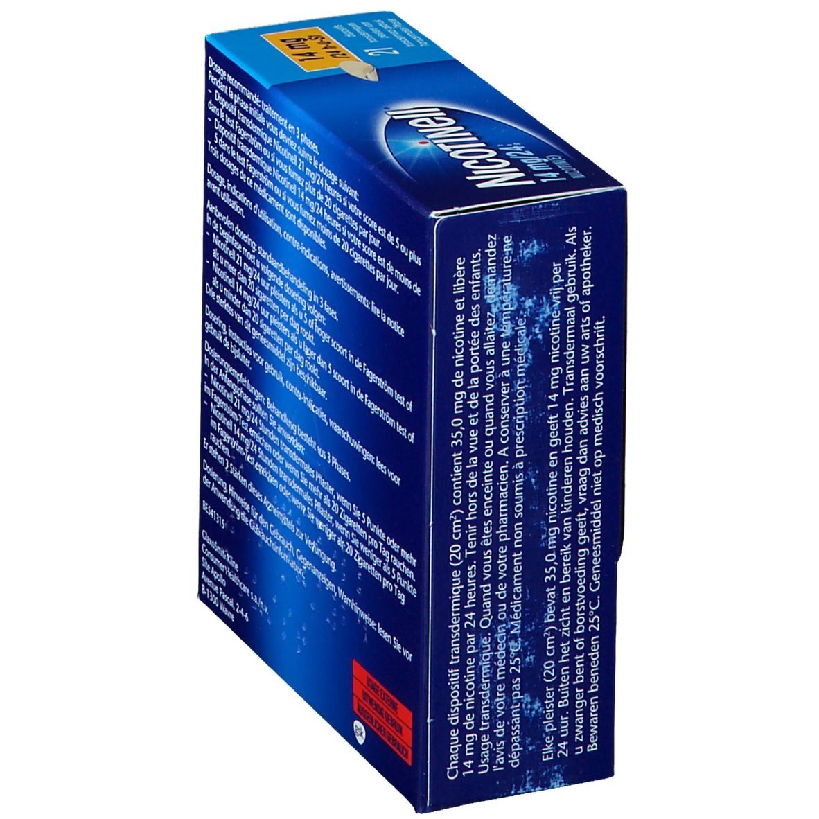 Blauwe doos met productopdruk. Bevat 21 transdermale pleisters. Opdruk: Nicotinell 14 mg/24 h.