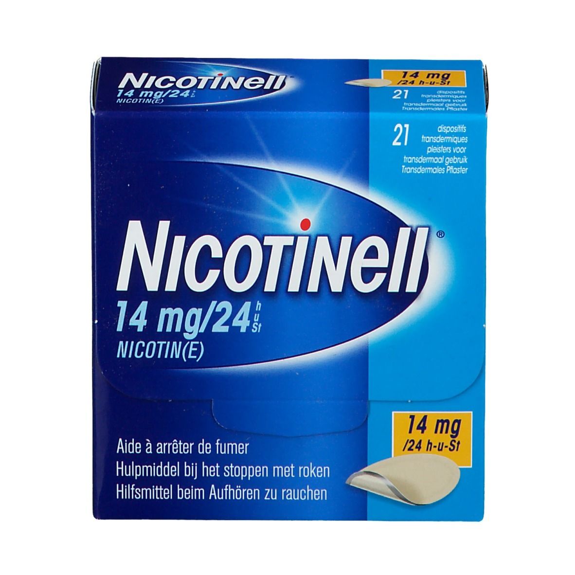Blauwe doos met productopdruk. Bevat 21 transdermale pleisters. Opdruk: Nicotinell 14 mg/24 h.