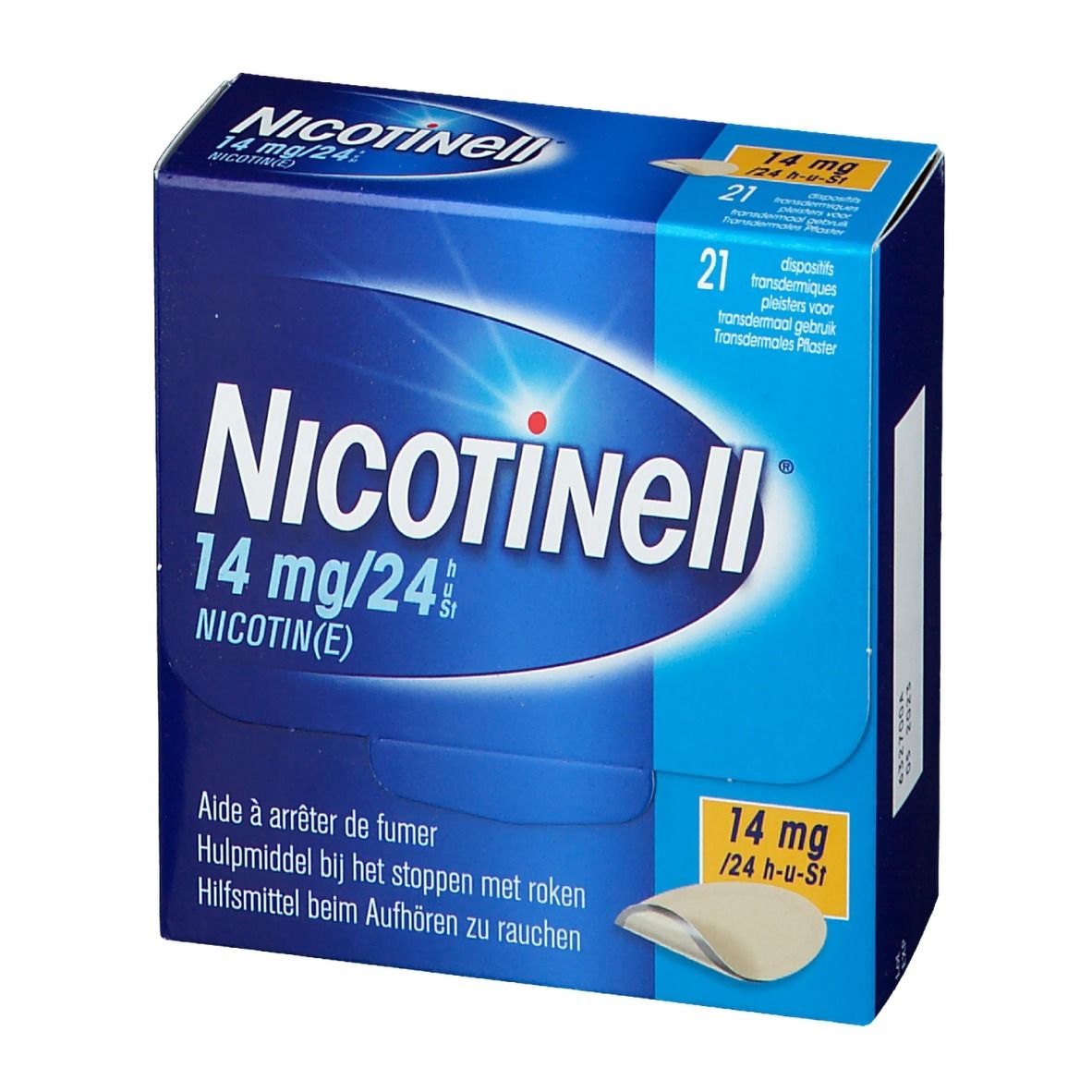 Blauwe doos met productopdruk. Bevat 21 transdermale pleisters. Opdruk: Nicotinell 14 mg/24 h.