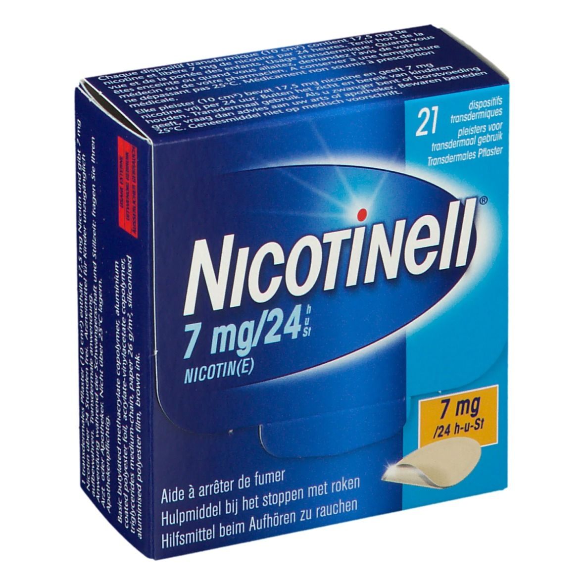 Boîte bleue et blanche. Inscription: Nicotinell 7 mg/24h. Contient 21 patchs transdermiques. Un patch est illustré.