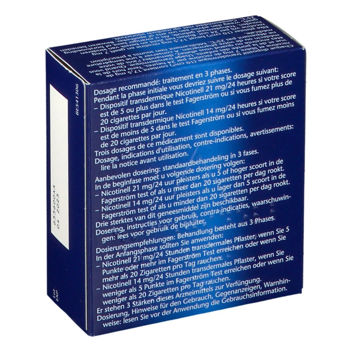Boîte bleue, dos. Texte multilingue. Informations sur la posologie et l'utilisation.