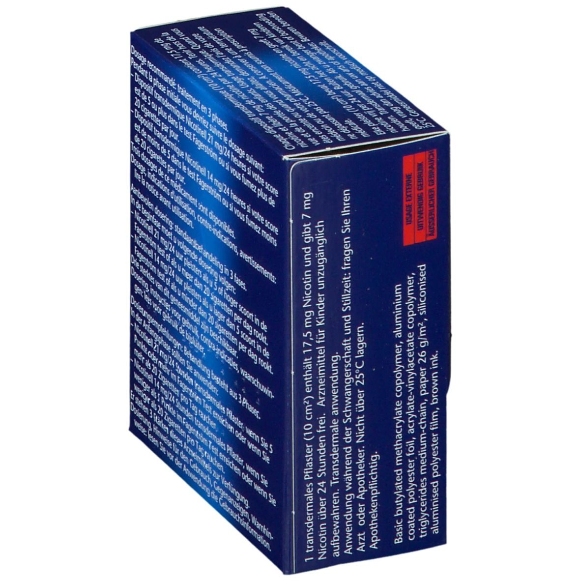 Boîte bleue, vue latérale. Texte multilingue. Informations sur les ingrédients et les avertissements.
