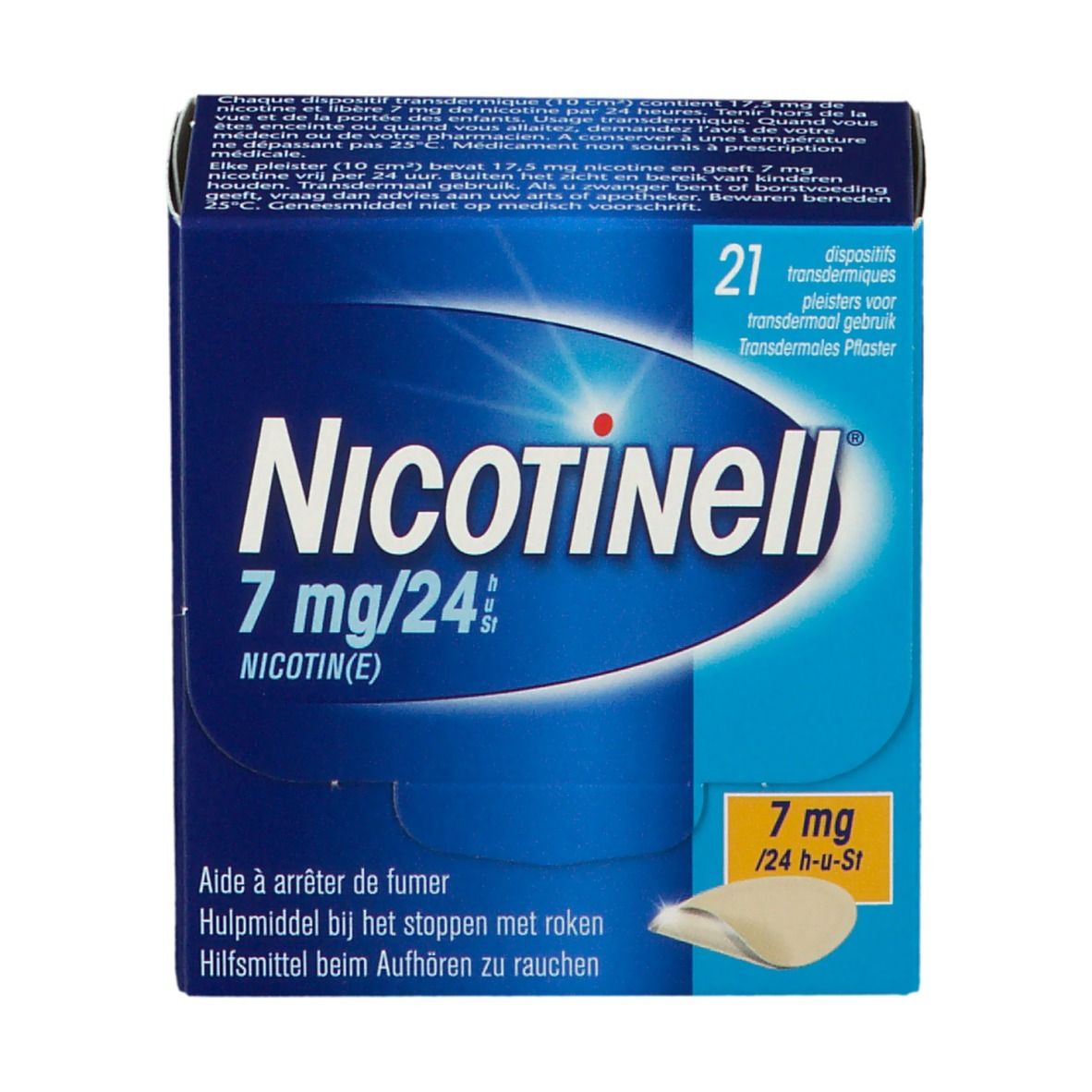 Boîte bleue. Inscription: Nicotinell 7 mg/24h. Contient 21 patchs transdermiques. Un patch est illustré.