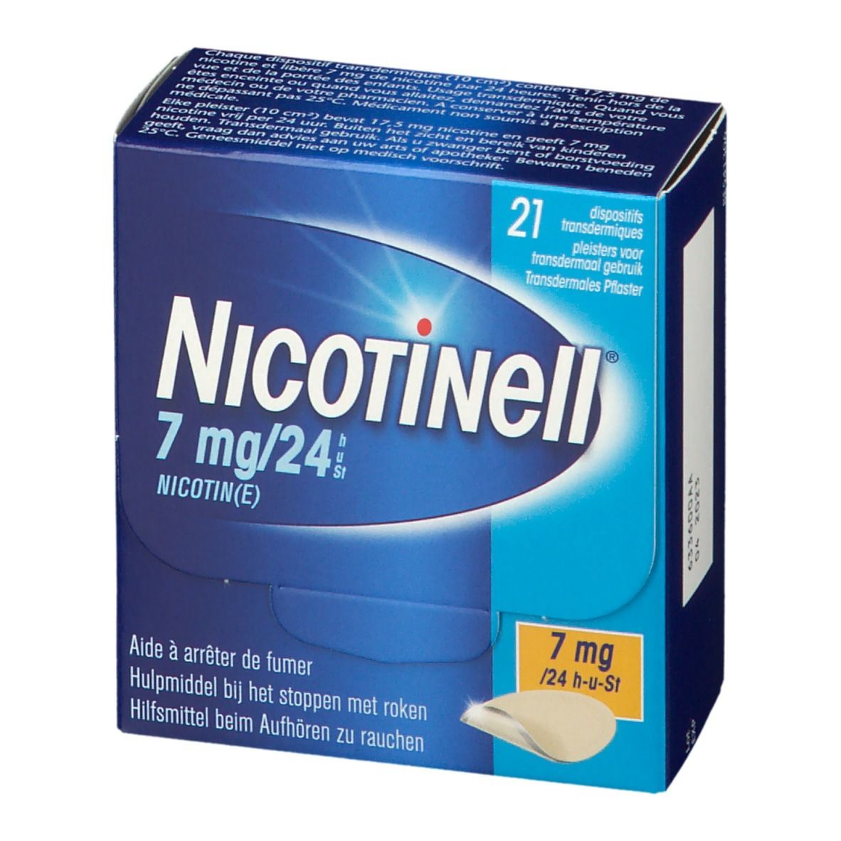 Boîte bleue. Inscription: Nicotinell 7 mg/24h. Contient 21 patchs transdermiques. Un patch est illustré.