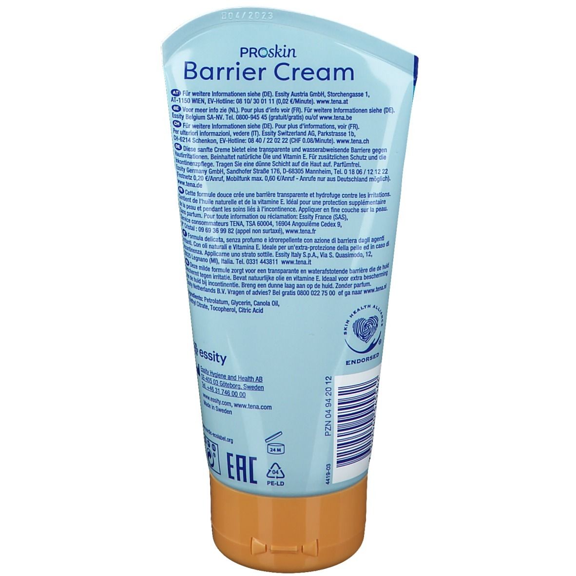 Dos du tube de crème barrière TENA ProSkin. Texte et symboles. Bouchon orange. Fond bleu.