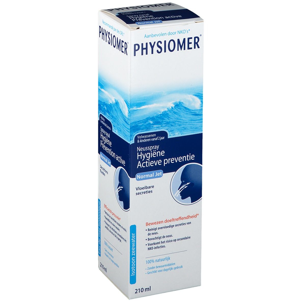 Verpakking van Physiomer® Normal Jet. Bevat tekst, golfmotief en productafbeelding.