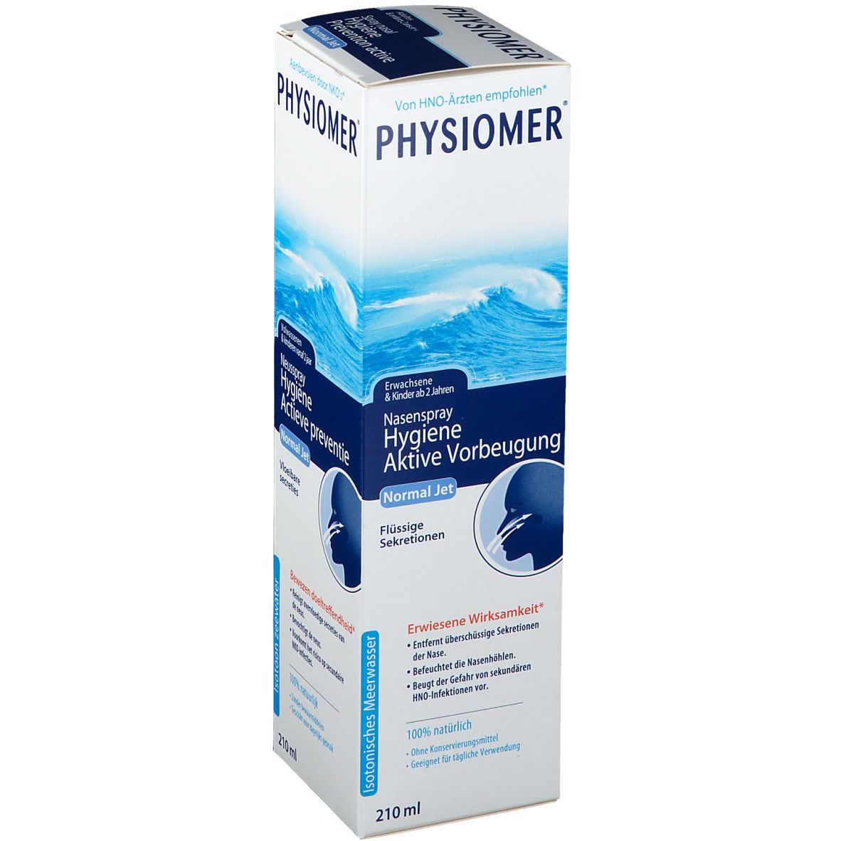 Verpakking van Physiomer® Normal Jet. Bevat tekst, golfmotief en productafbeelding.