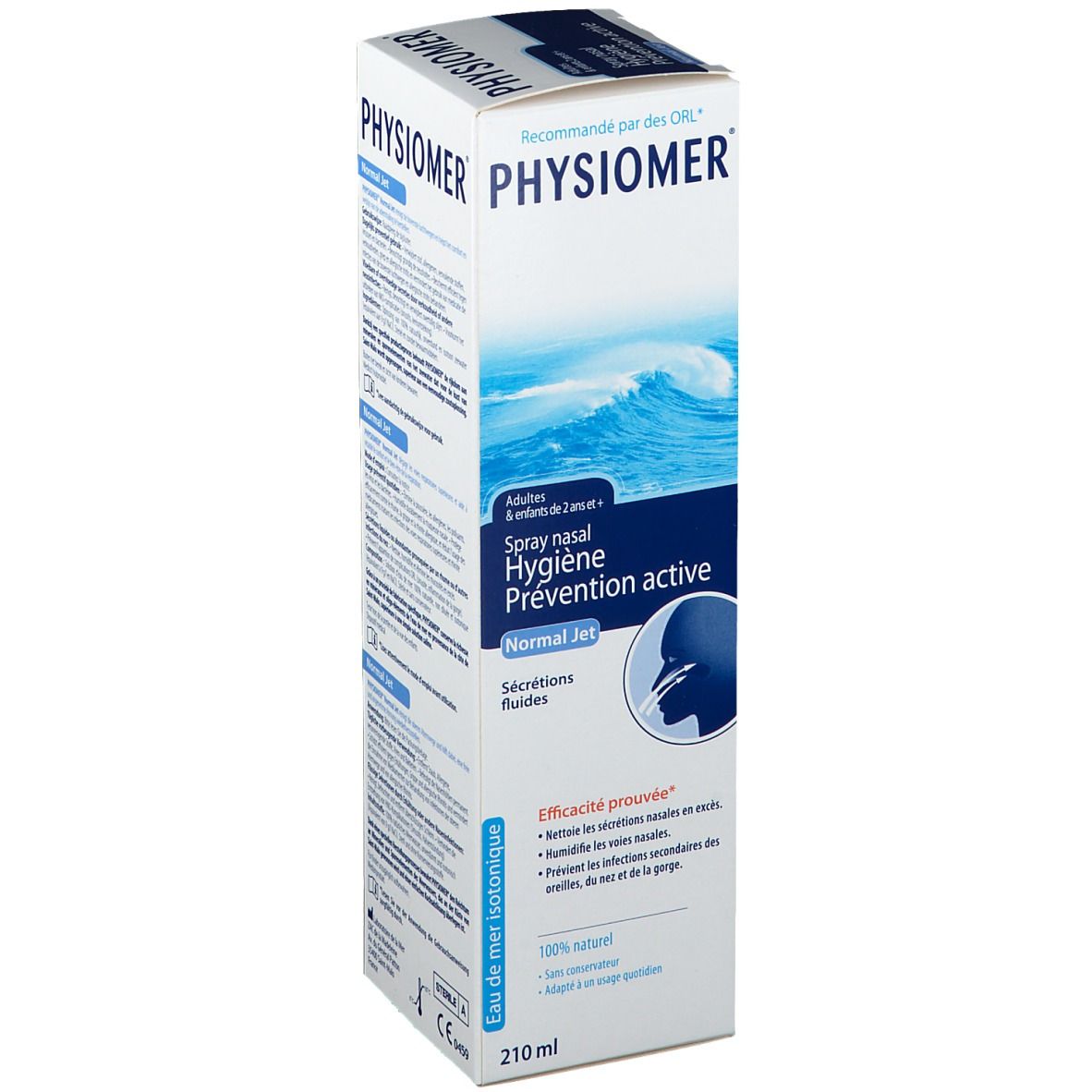 Verpakking van Physiomer® Normal Jet. Bevat tekst, golfmotief en productafbeelding.