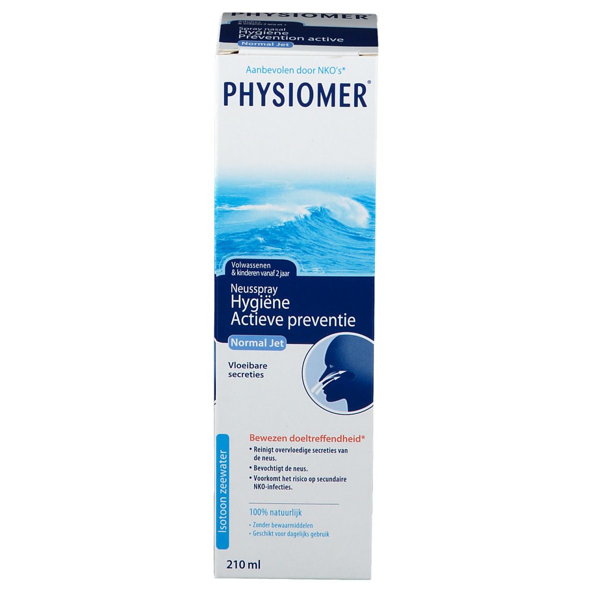 Verpakking van Physiomer® Normal Jet. Bevat tekst, golfmotief en productafbeelding.