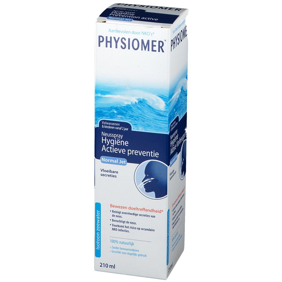 Verpakking van Physiomer® Normal Jet. Bevat tekst, golfmotief en productafbeelding.
