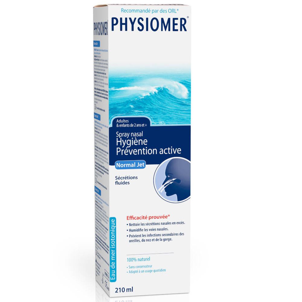 Verpakking van Physiomer® Normal Jet. Bevat tekst, golfmotief en productafbeelding.