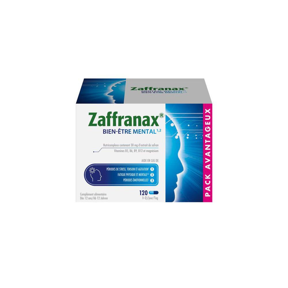 Boîte Zaffranax. Boîte blanche et bleue avec informations produit et profil humain stylisé.