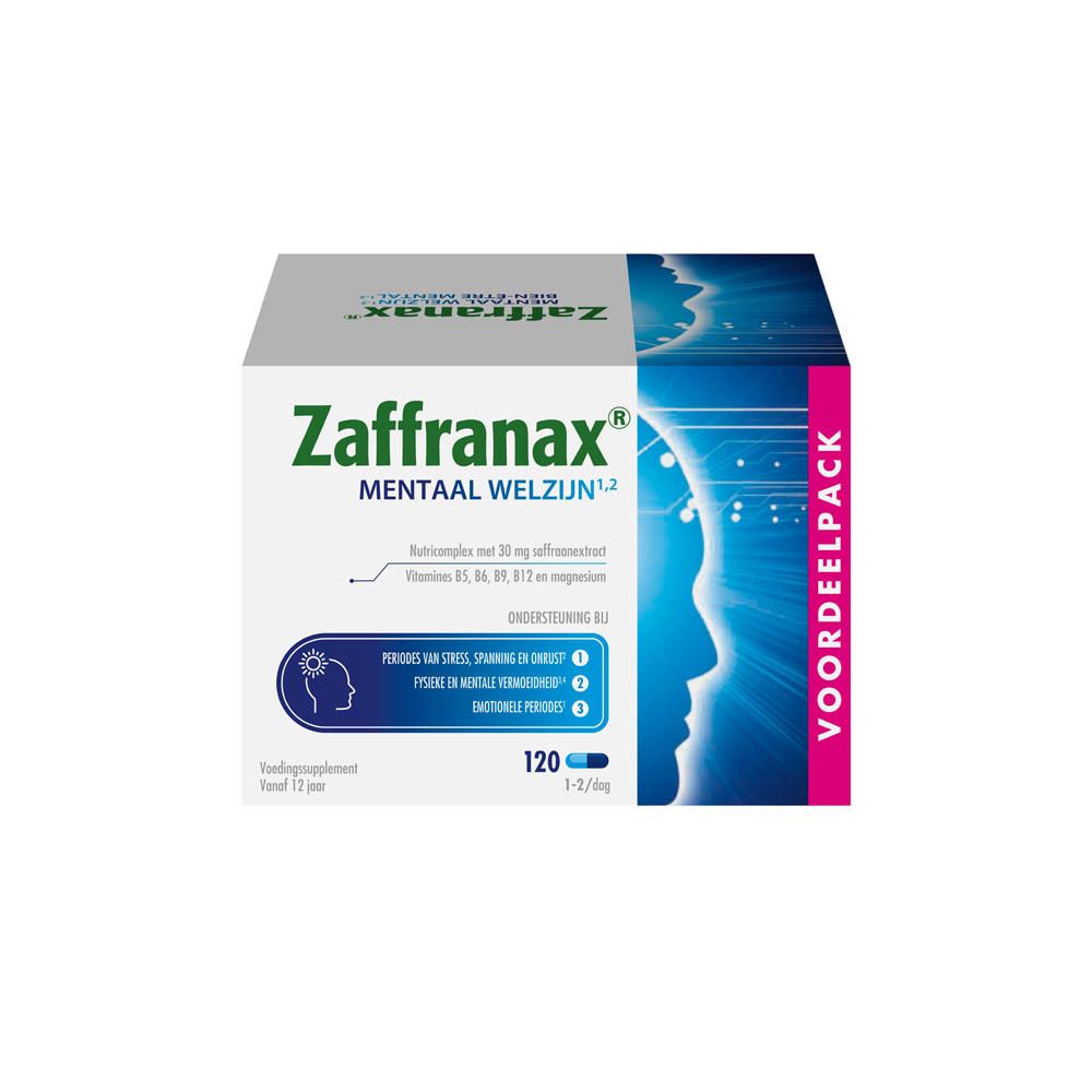 Zaffranax-verpakking. Blauwe en witte doos met productinfo en profiel.