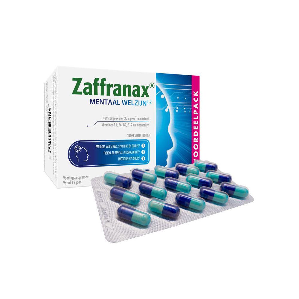 Zaffranax-verpakking en blister met capsules. Blauwe en groene capsules naast de doos.