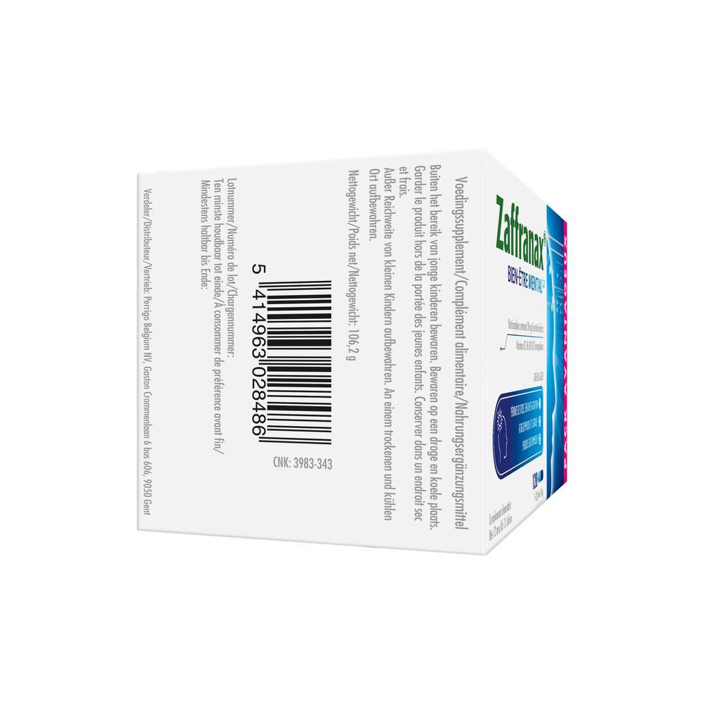 Dos de la boîte Zaffranax. Code-barres et informations produit sur fond blanc.