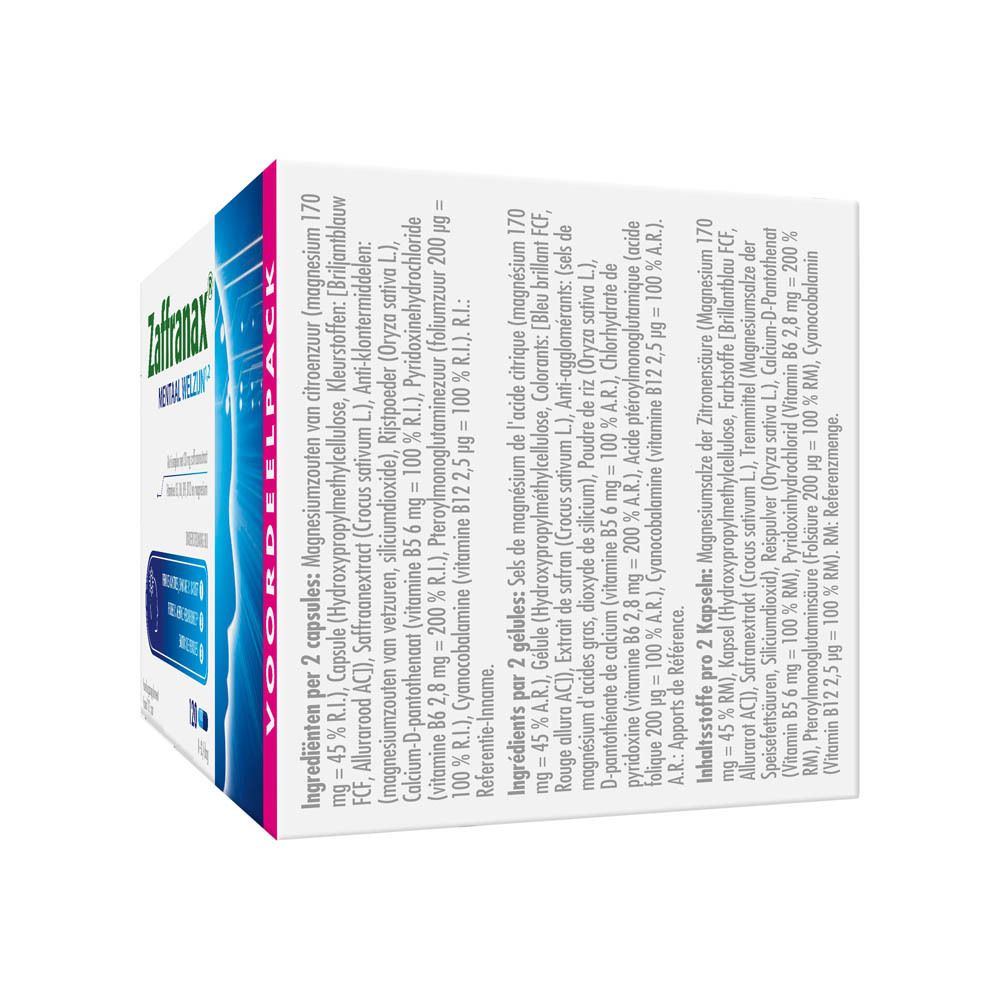 Achterkant van de Zaffranax-verpakking. Productinformatie en ingrediënten op witte achtergrond.