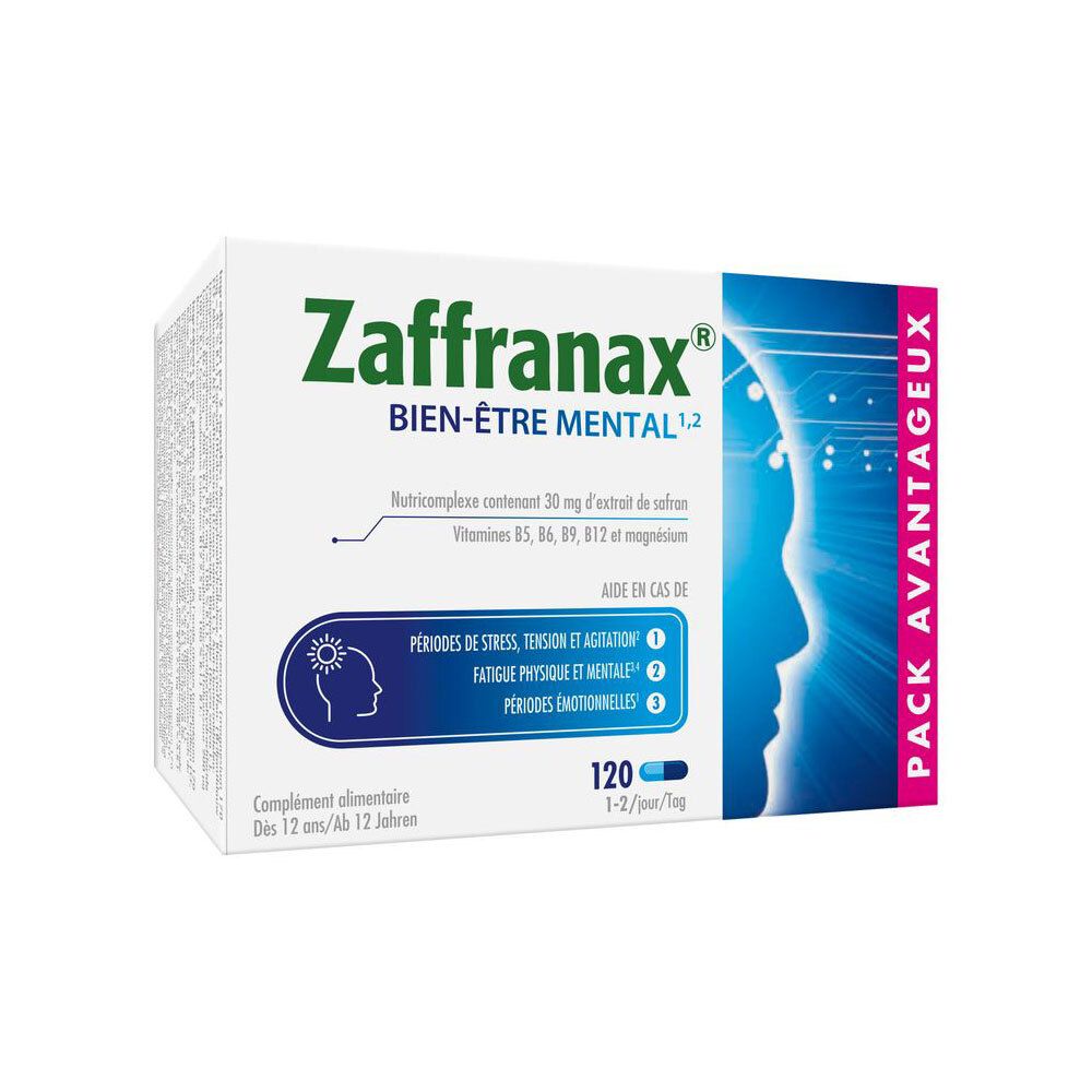 Boîte Zaffranax. Boîte blanche et bleue avec informations produit et profil humain stylisé.