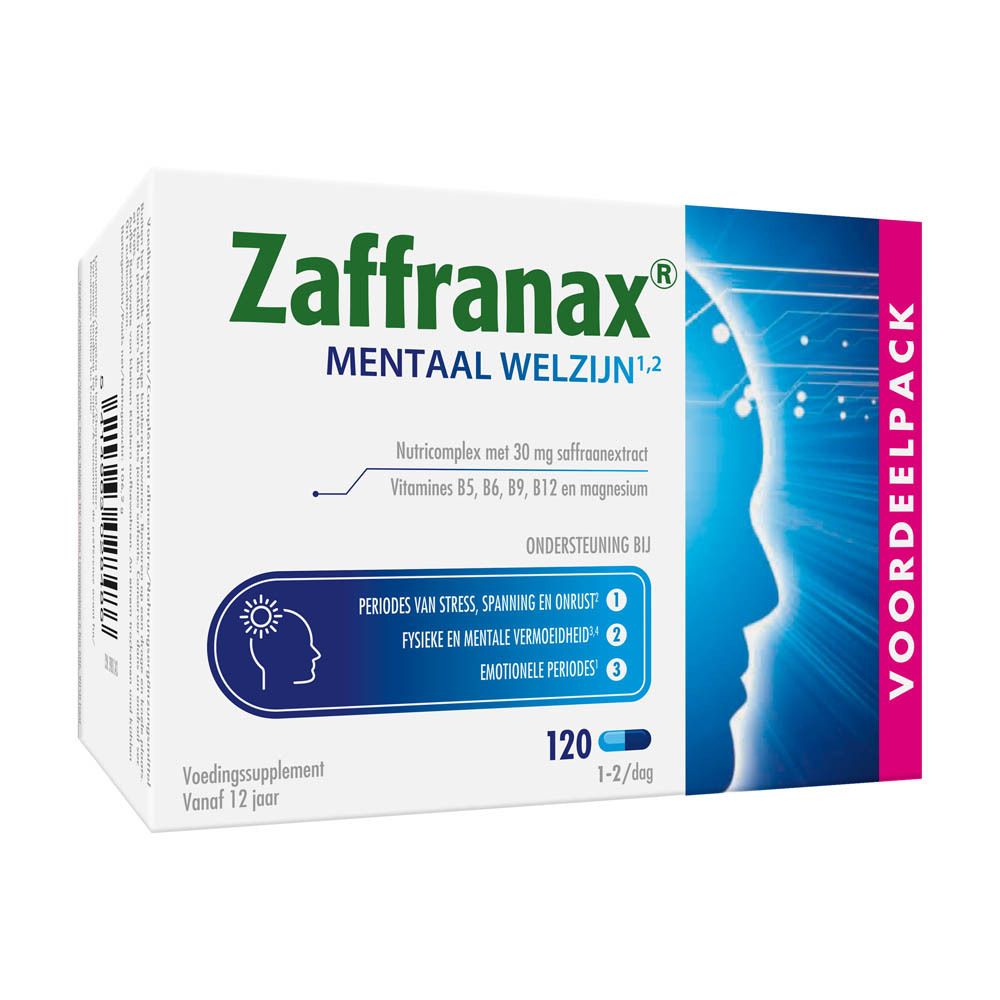 Zaffranax-verpakking. Blauwe en witte doos met productinfo en profiel.