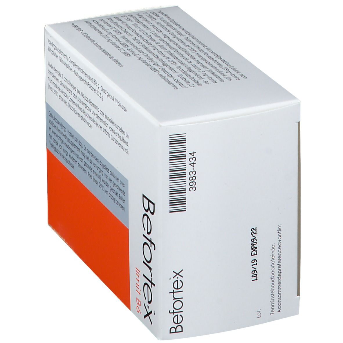 Boîte Befortex-Grenzwert B6. Blanc, orange. Code-barres et date d'expiration.