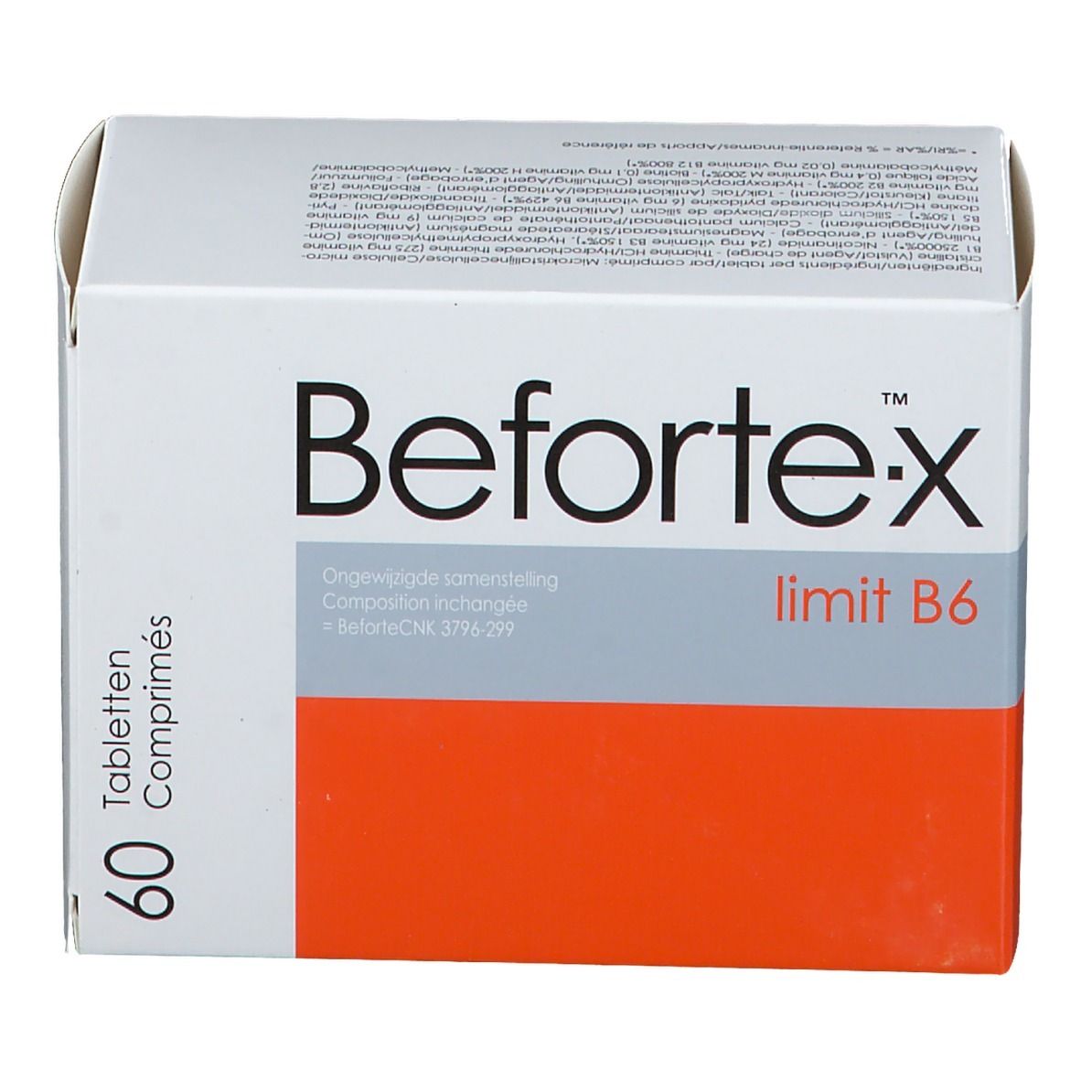 Boîte Befortex-Grenzwert B6. 60 comprimés. Blanc, orange et texte gris.