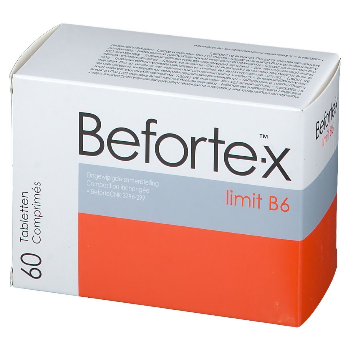 Boîte Befortex-Grenzwert B6. 60 comprimés. Blanc, orange. Texte noir.