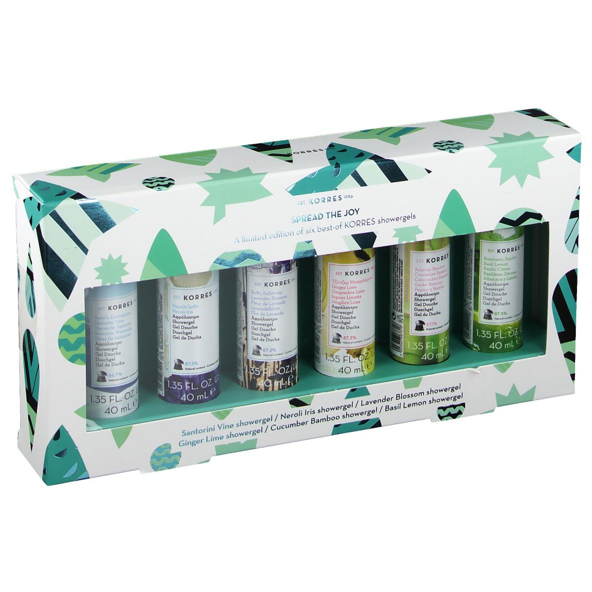 Coffret cadeau de six gels douche. La boîte est blanche avec des motifs verts. Les gels sont de couleurs variées.