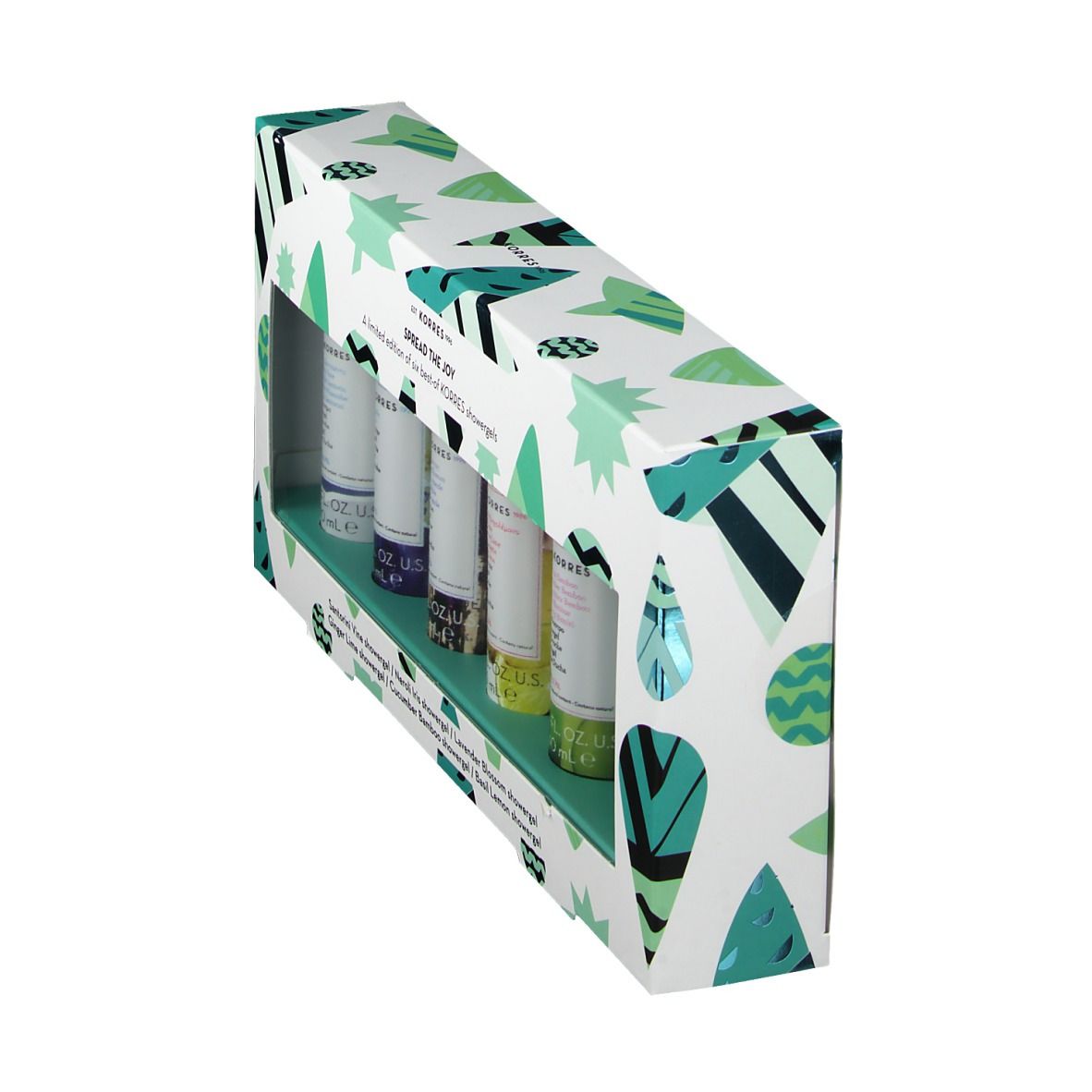 Coffret cadeau de six gels douche. La boîte est blanche avec des motifs verts. Les gels sont de couleurs variées.
