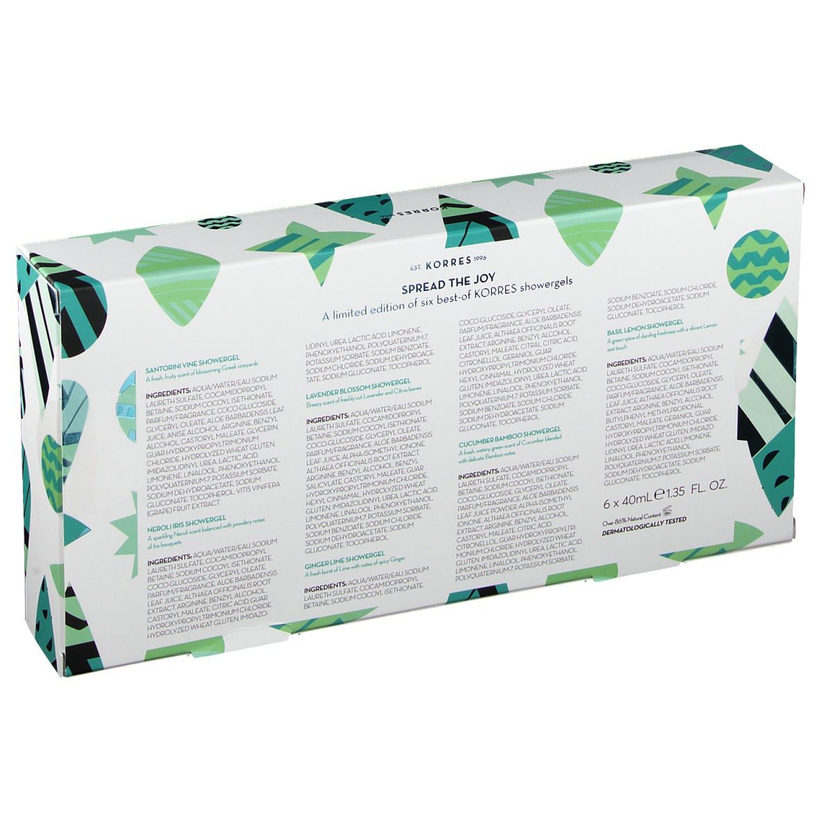 Coffret cadeau de six gels douche. La boîte est blanche avec des motifs verts. Les gels sont de couleurs variées.