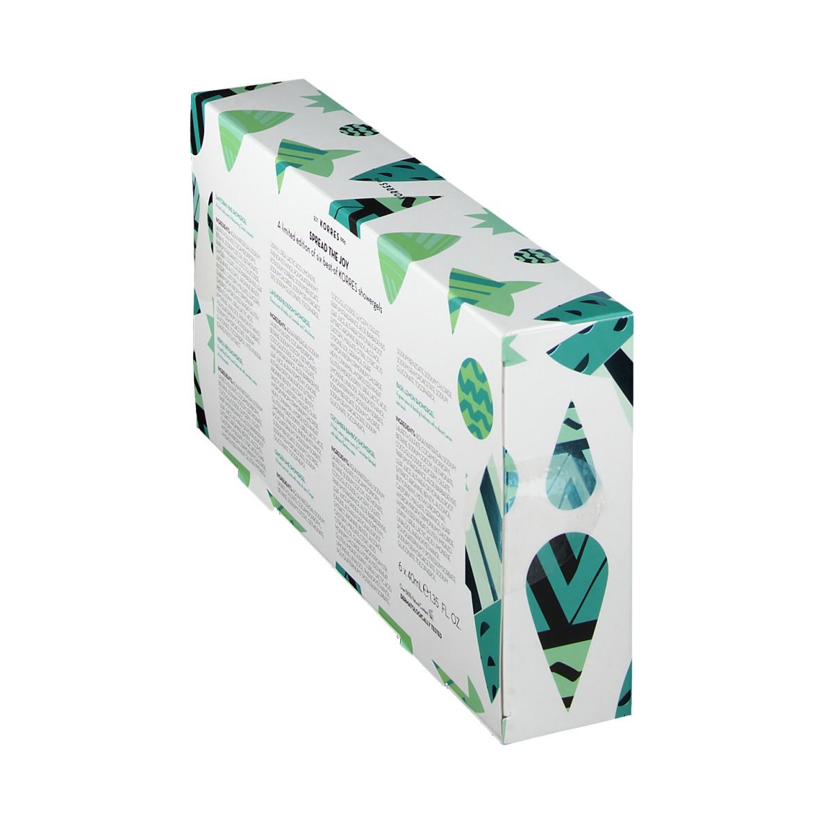 Dos du coffret cadeau de six gels douche. Texte en plusieurs langues. Blanc avec motifs verts.