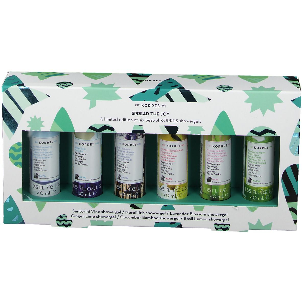 Coffret cadeau de six gels douche. La boîte est blanche avec des motifs verts. Les gels sont de couleurs variées.