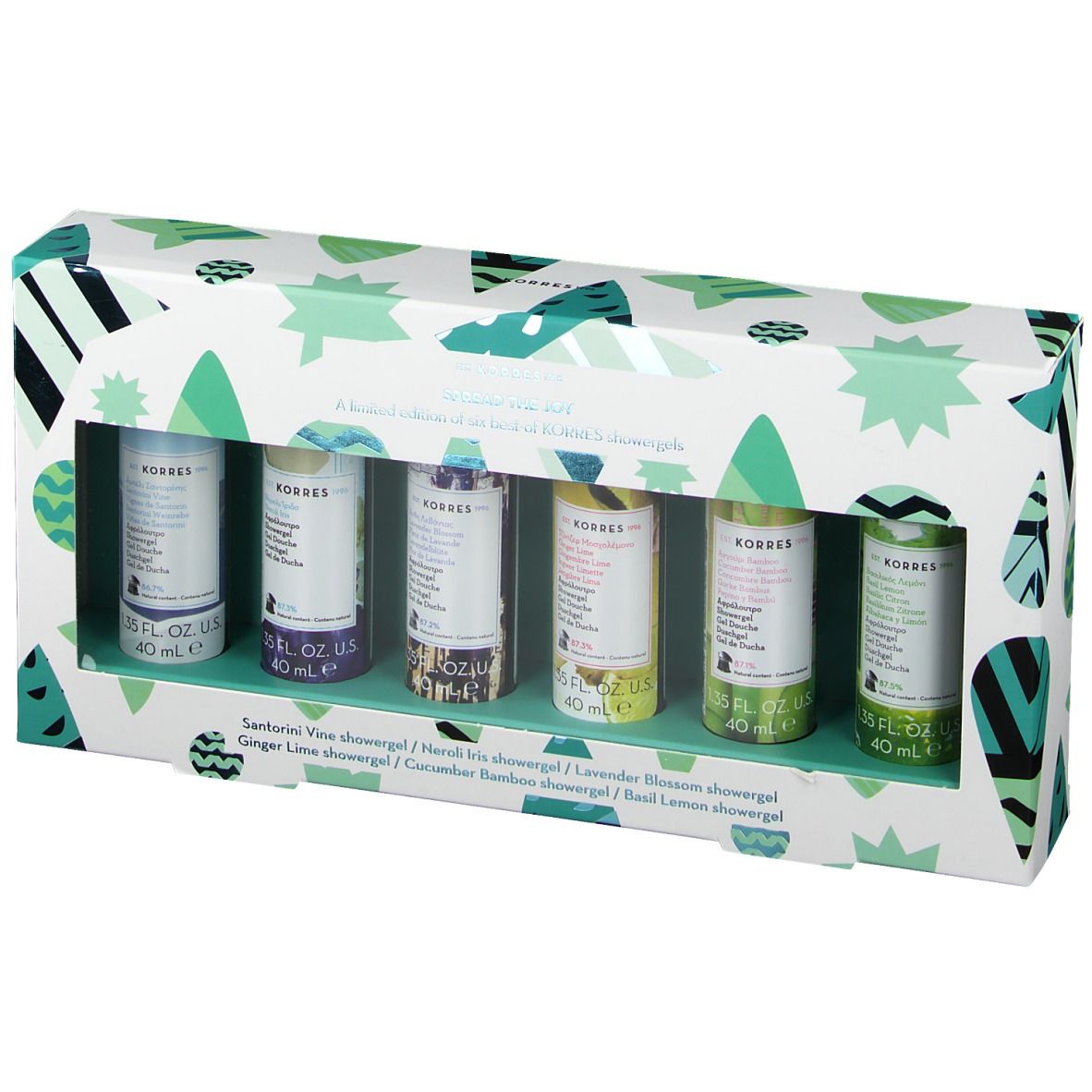 Coffret cadeau de six gels douche. La boîte est blanche avec des motifs verts. Les gels sont de couleurs variées.