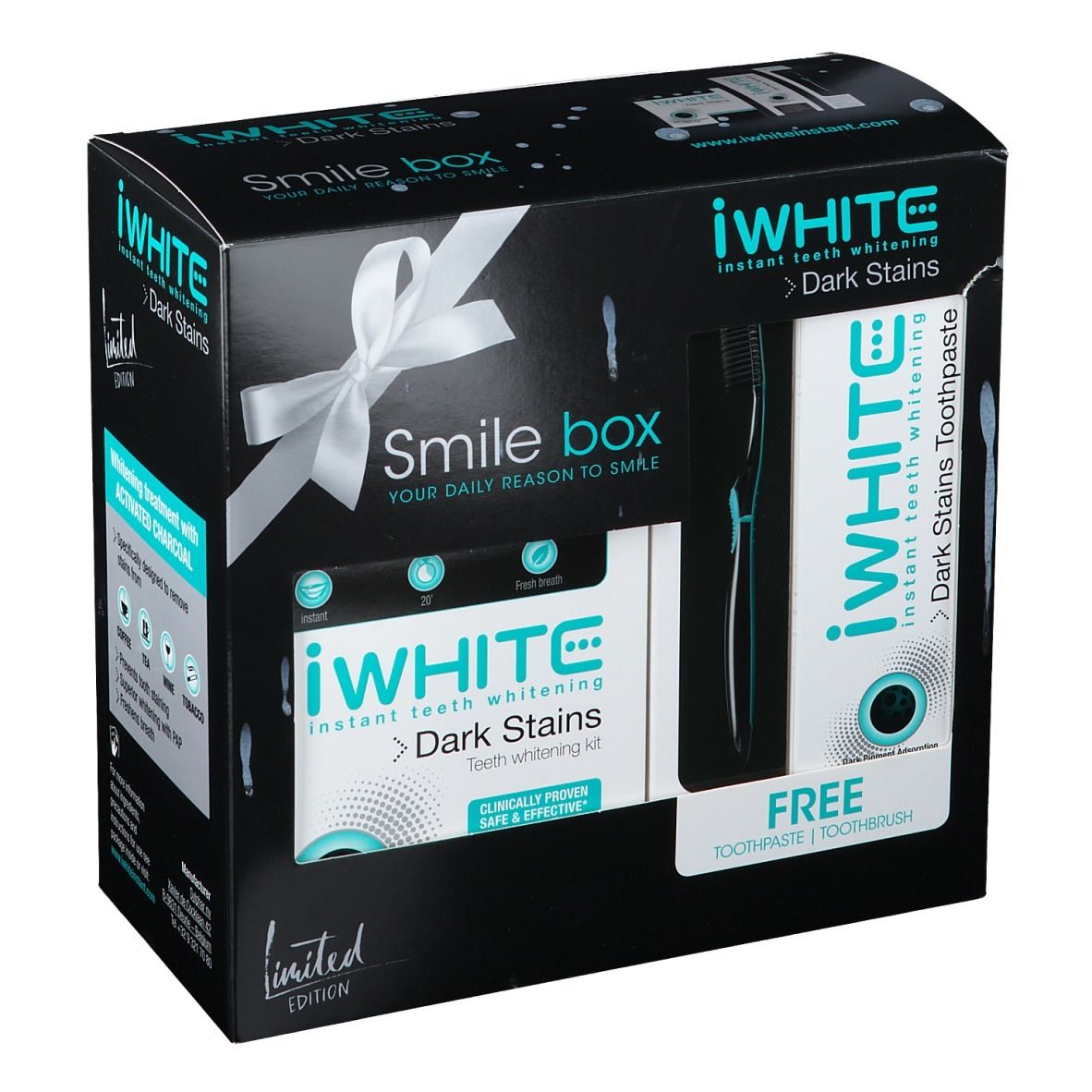 Coffret iWhite Dark Stains. Boîte noire avec ruban. Contient dentifrice et brosse à dents. Inscription "Smile box".