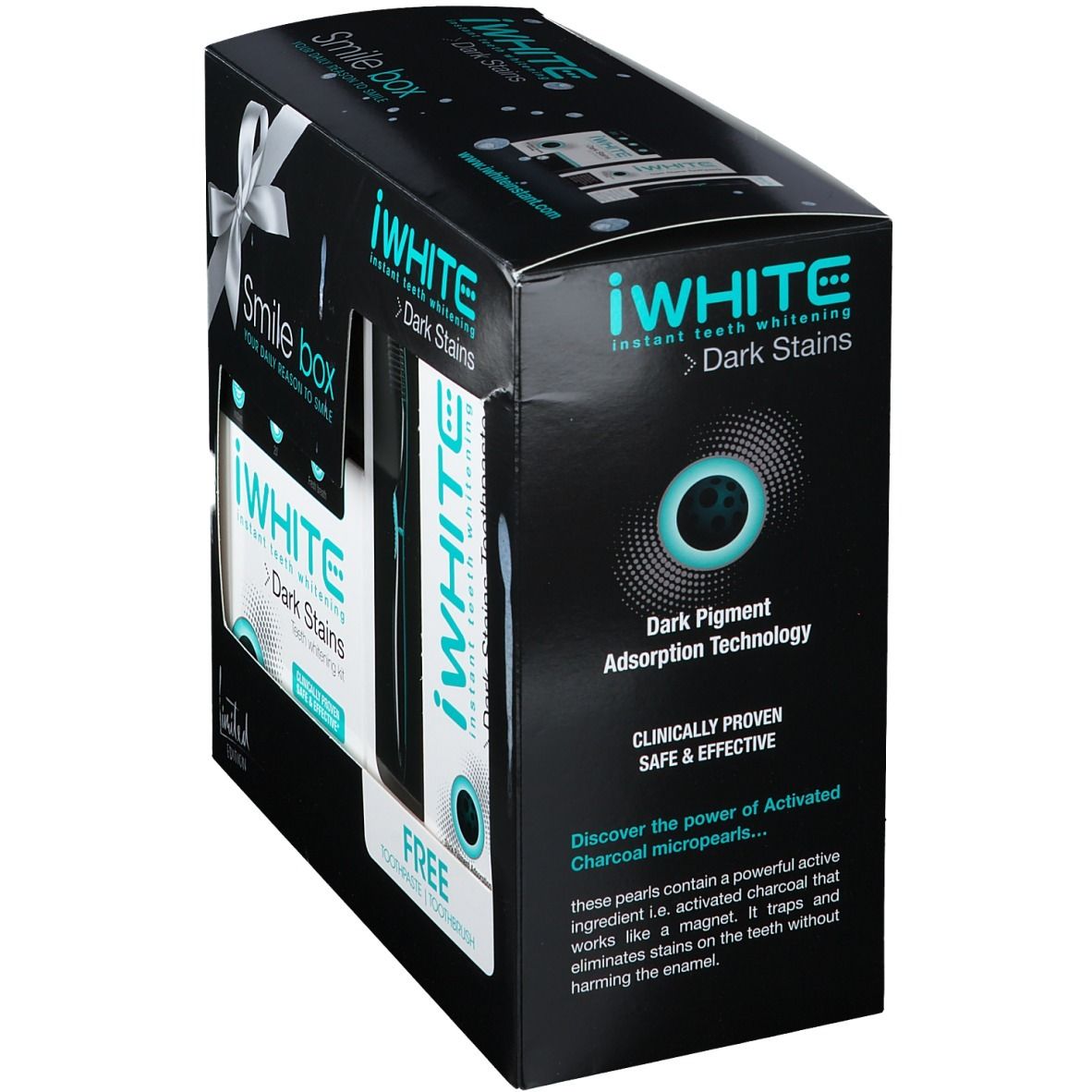 Coffret iWhite Dark Stains. Boîte noire avec texte. "Dark Pigment Adsorption Technology" et "Clinically Proven".