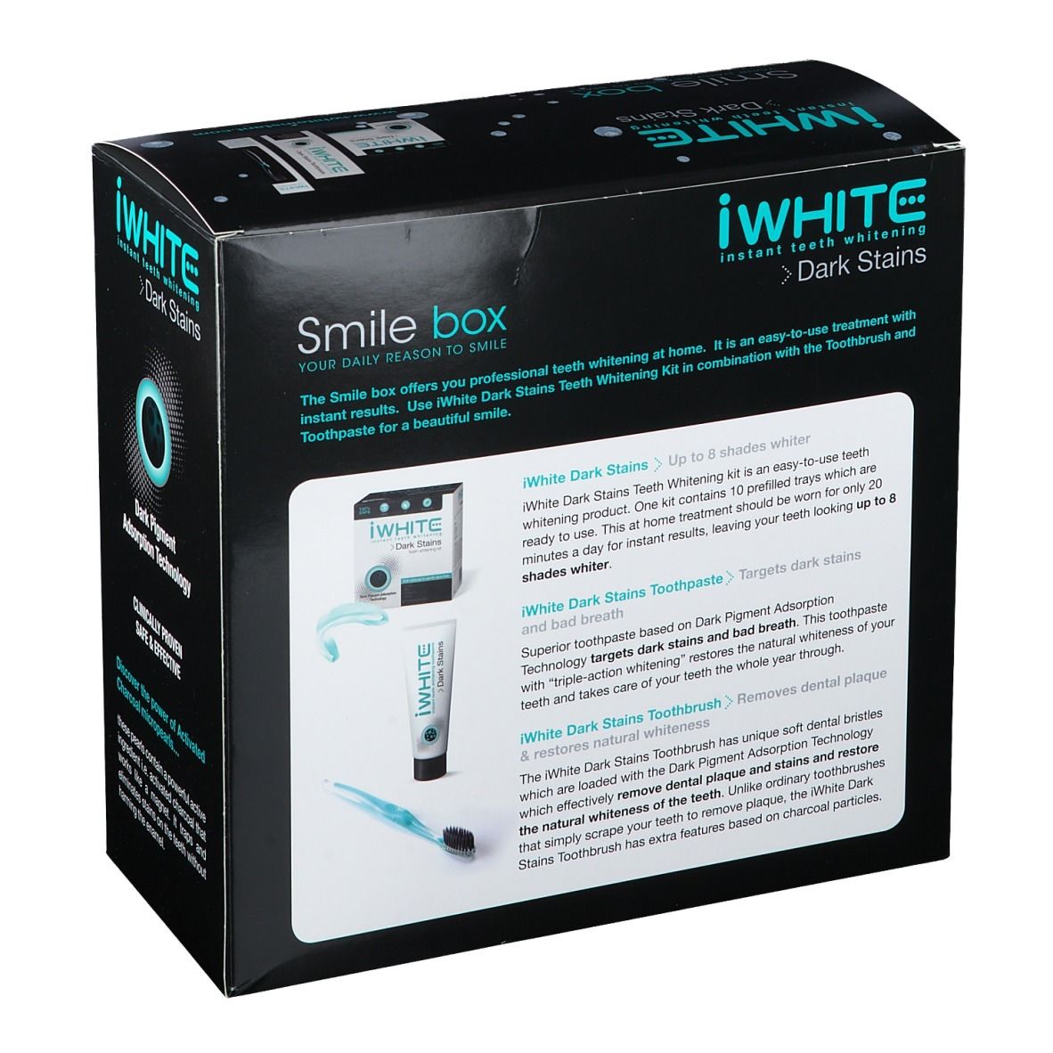 Coffret iWhite Dark Stains. Boîte noire avec texte. Description du contenu. Dentifrice et brosse à dents inclus.