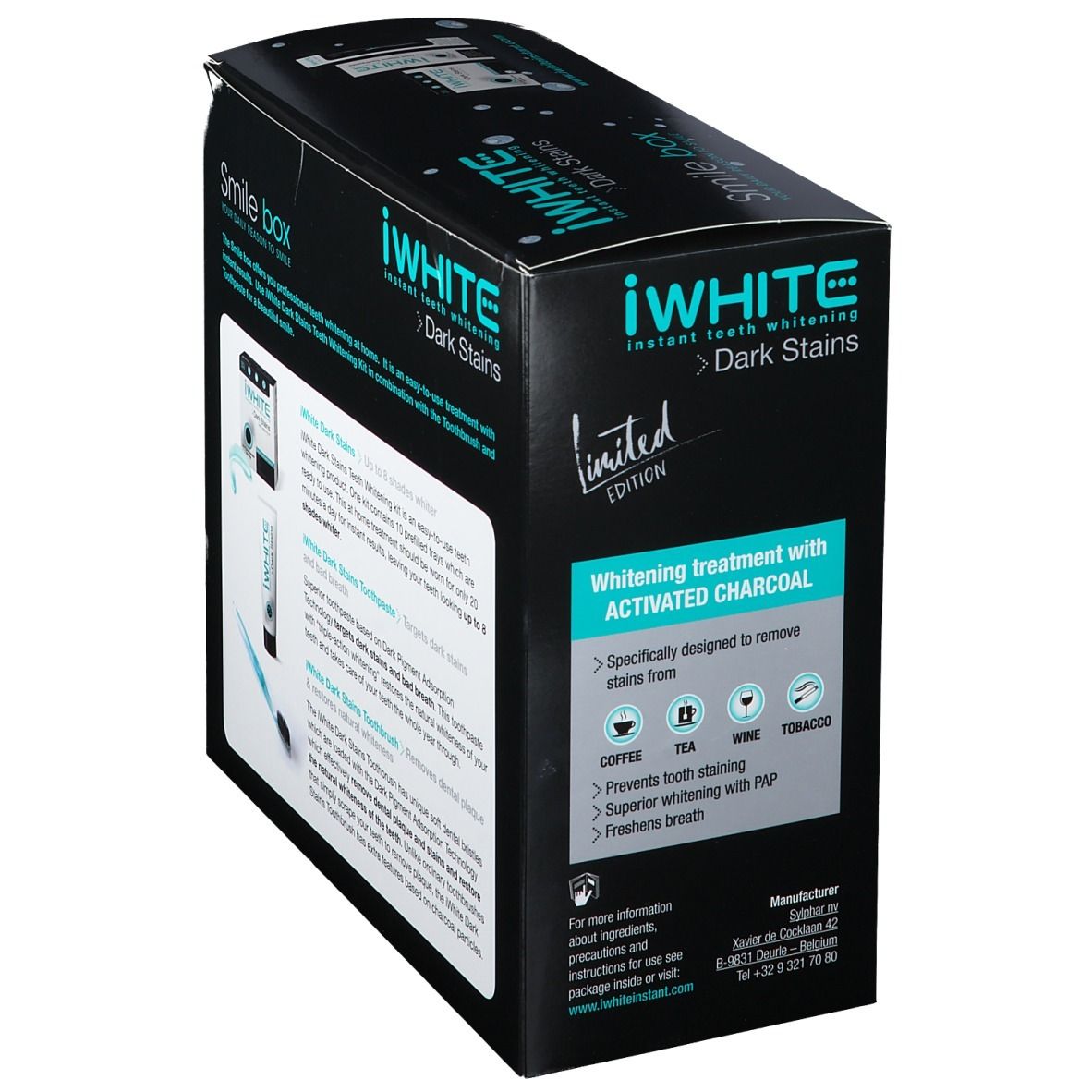 Coffret iWhite Dark Stains. Boîte noire avec texte. "Whitening treatment with ACTIVATED CHARCOAL".
