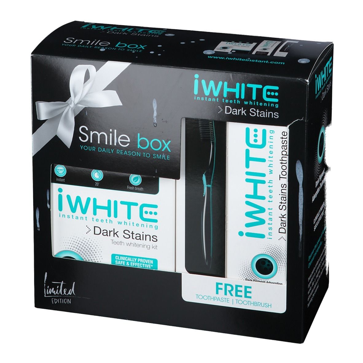 Coffret iWhite Dark Stains. Boîte noire avec ruban. Contient dentifrice et brosse à dents. Inscription "Smile box".