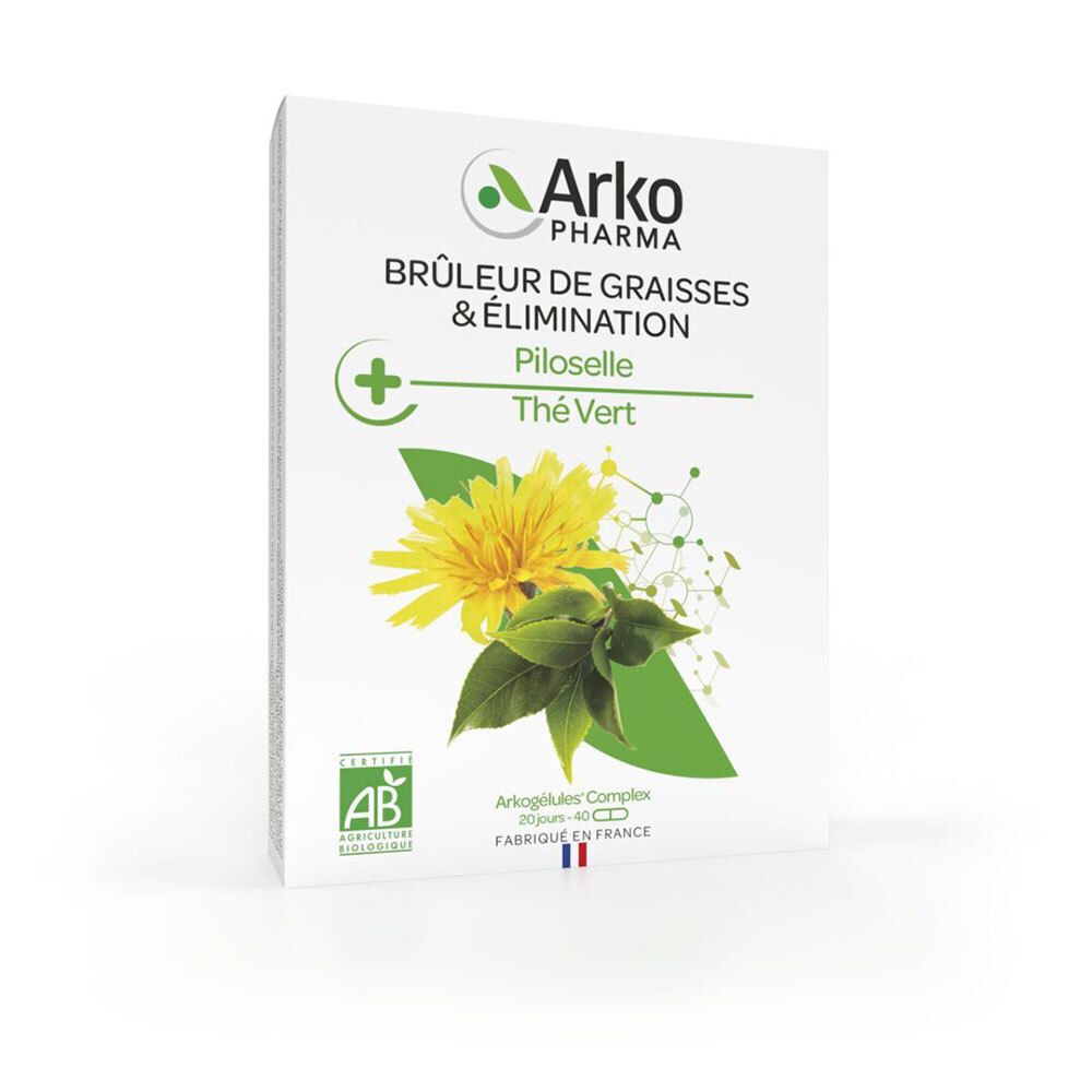 Witte doos met groen etiket. Opschrift: Arkopharma, Brûleur de graisses & élimination, Piloselle, Thé Vert.