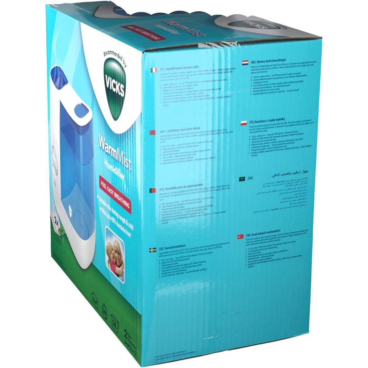 Dos de l'emballage de l'humidificateur Vicks WarmMist. Texte en plusieurs langues. Emballage bleu et blanc avec image du produit.