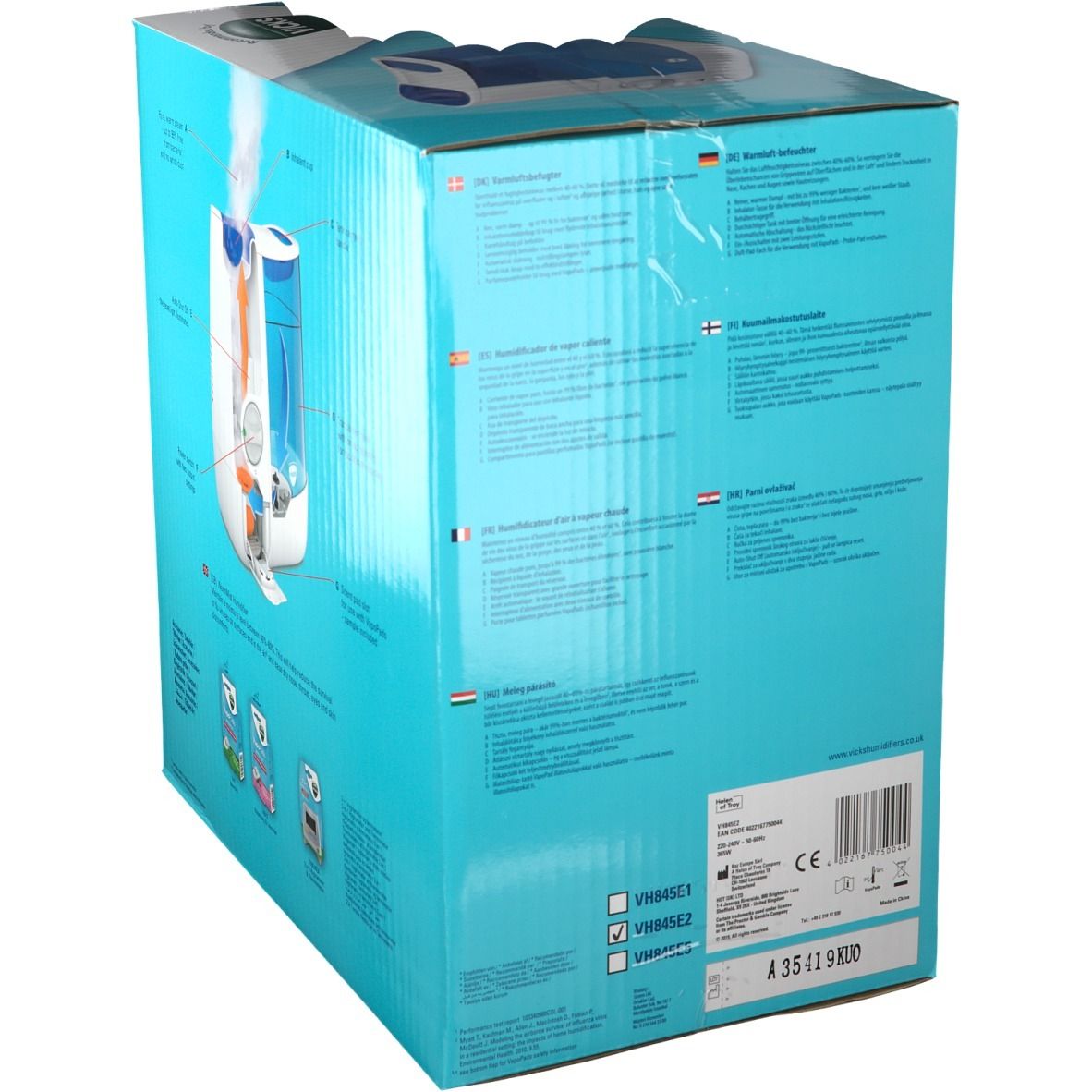 Dos de l'emballage de l'humidificateur Vicks WarmMist. Texte en plusieurs langues. Emballage bleu et blanc avec image du produit.