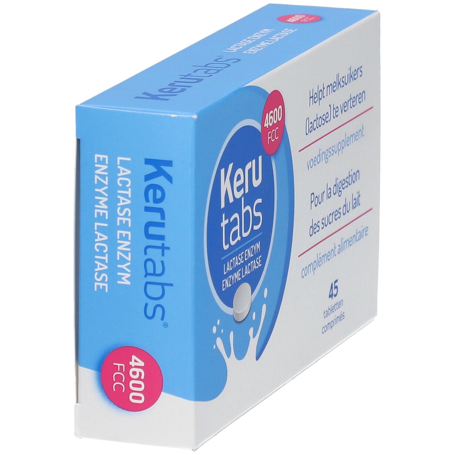 Boîte de comprimés Kerutabs®, en biais. Emballage bleu et blanc avec nom du produit, image de comprimé et texte.