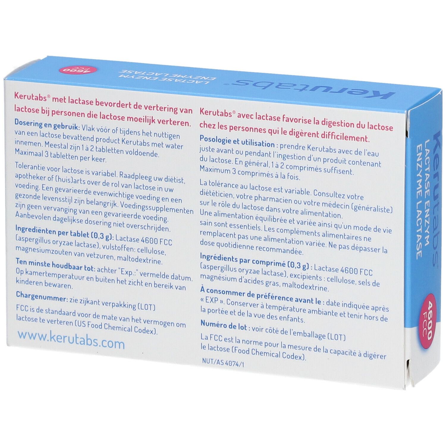 Dos de la boîte de comprimés Kerutabs®. Texte multilingue, liste des ingrédients, numéro de lot et date de péremption.