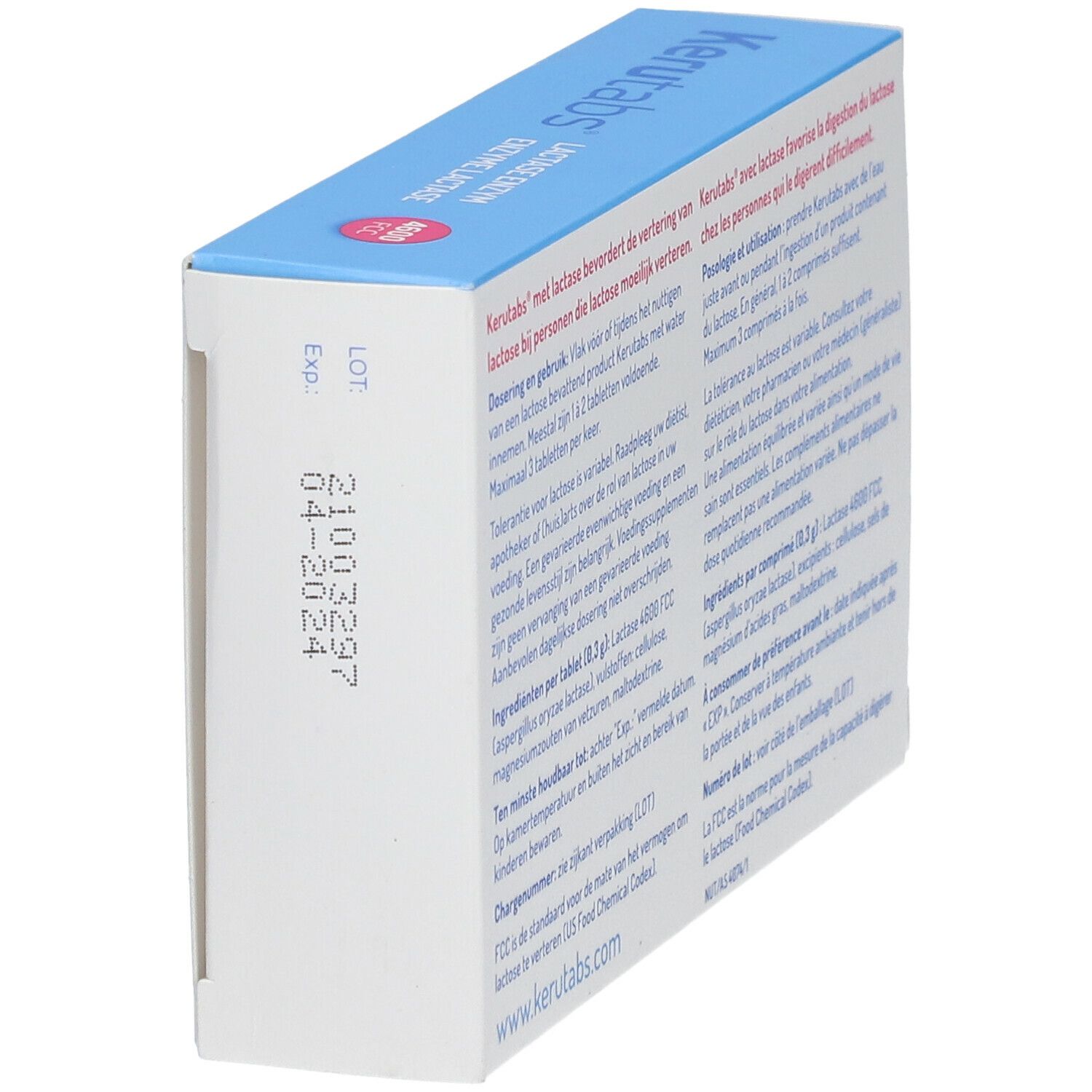 Côté de la boîte de comprimés Kerutabs®. Texte, numéro de lot et date de péremption.