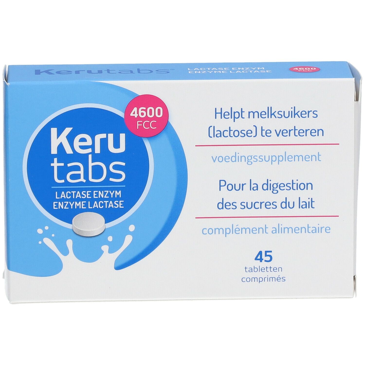 Boîte de comprimés Kerutabs®. Emballage bleu et blanc avec nom du produit, image de comprimé et texte.
